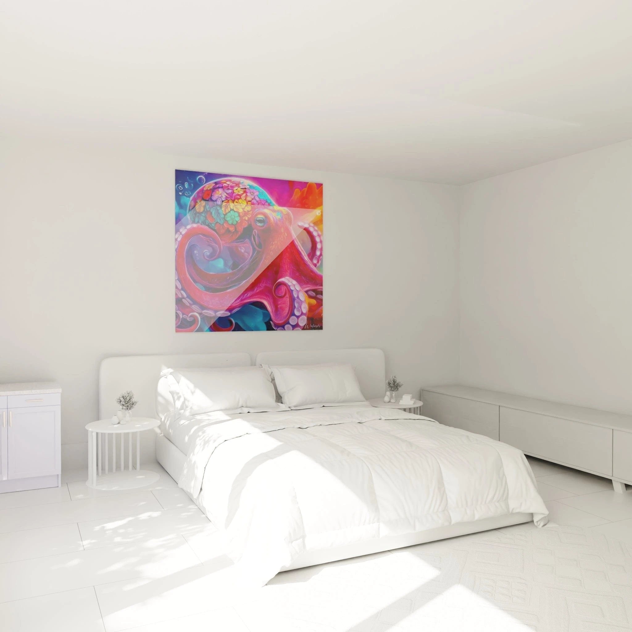 Farbenfrohes Oktopus Wandbild im Schlafzimmer mit warmen psychedelischen Farben für entspannende Atmosphäre
