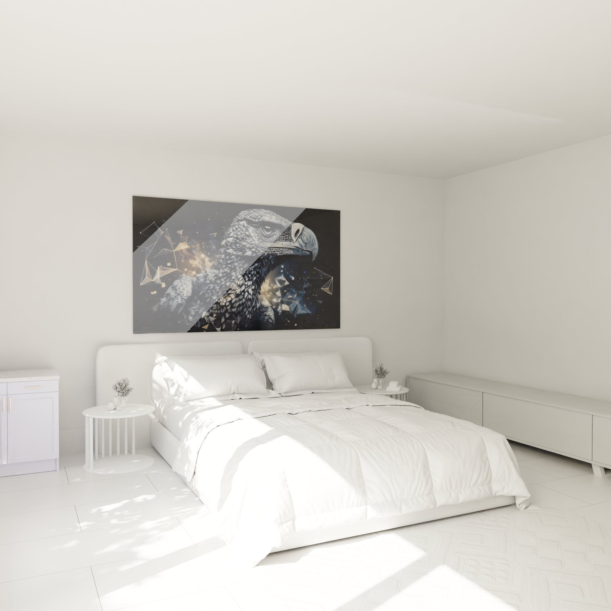 Wandbild digitaler Adler mit Kristalleffekten als elegante Dekoration im modernen Schlafzimmer
