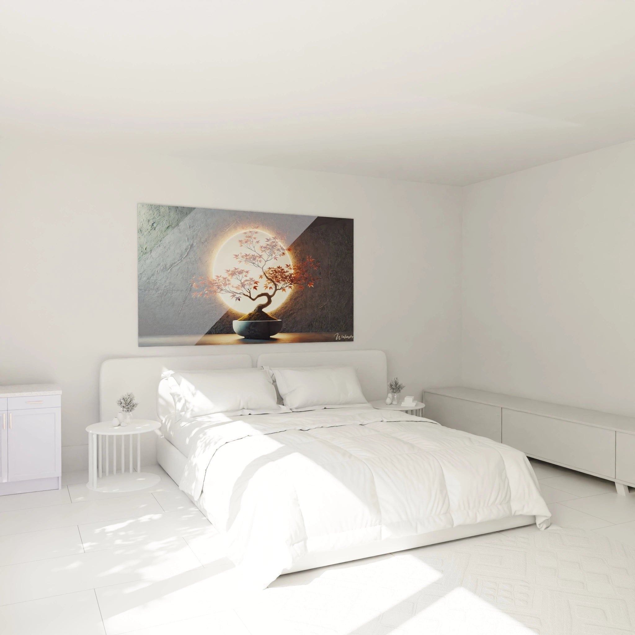 Bonsai Mondschein Wandbild im Schlafzimmer für entspannende Zen Atmosphäre und ruhigen Schlaf