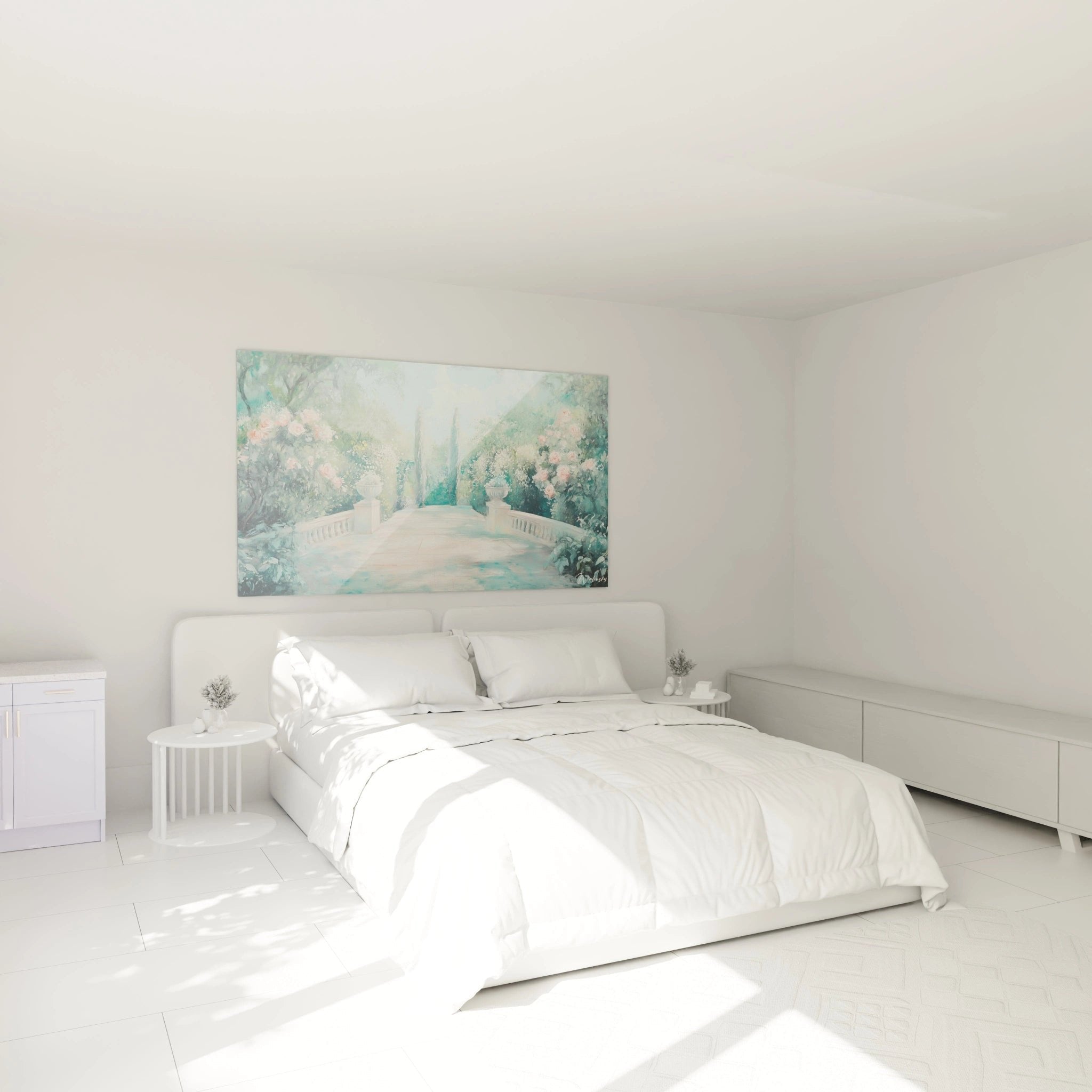 Wandbild Garenterrasse mit Rosen im Schlafzimmer für romantische Atmosphäre