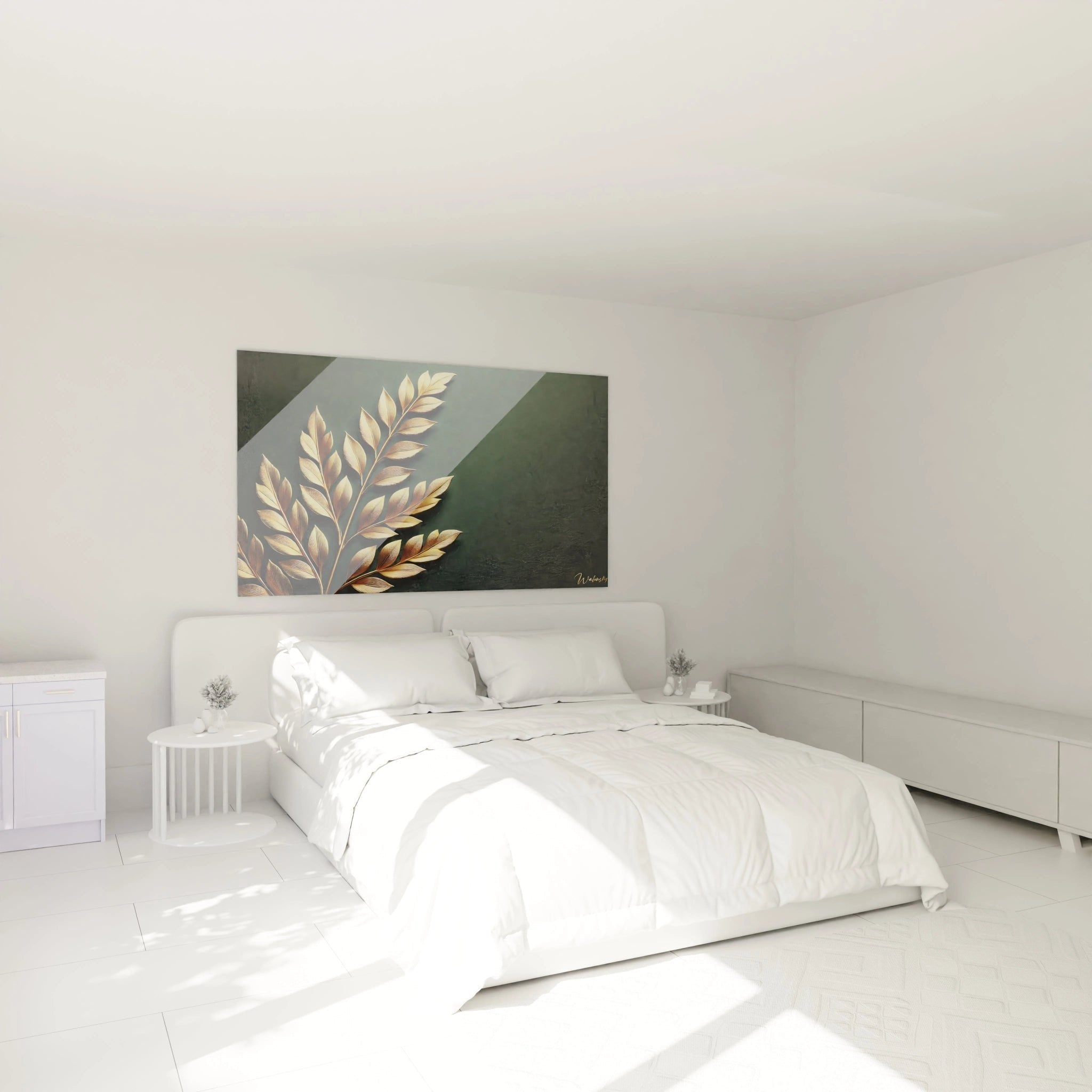 Goldenes Blätter Wandbild im eleganten Schlafzimmer - moderne botanische Wanddekoration