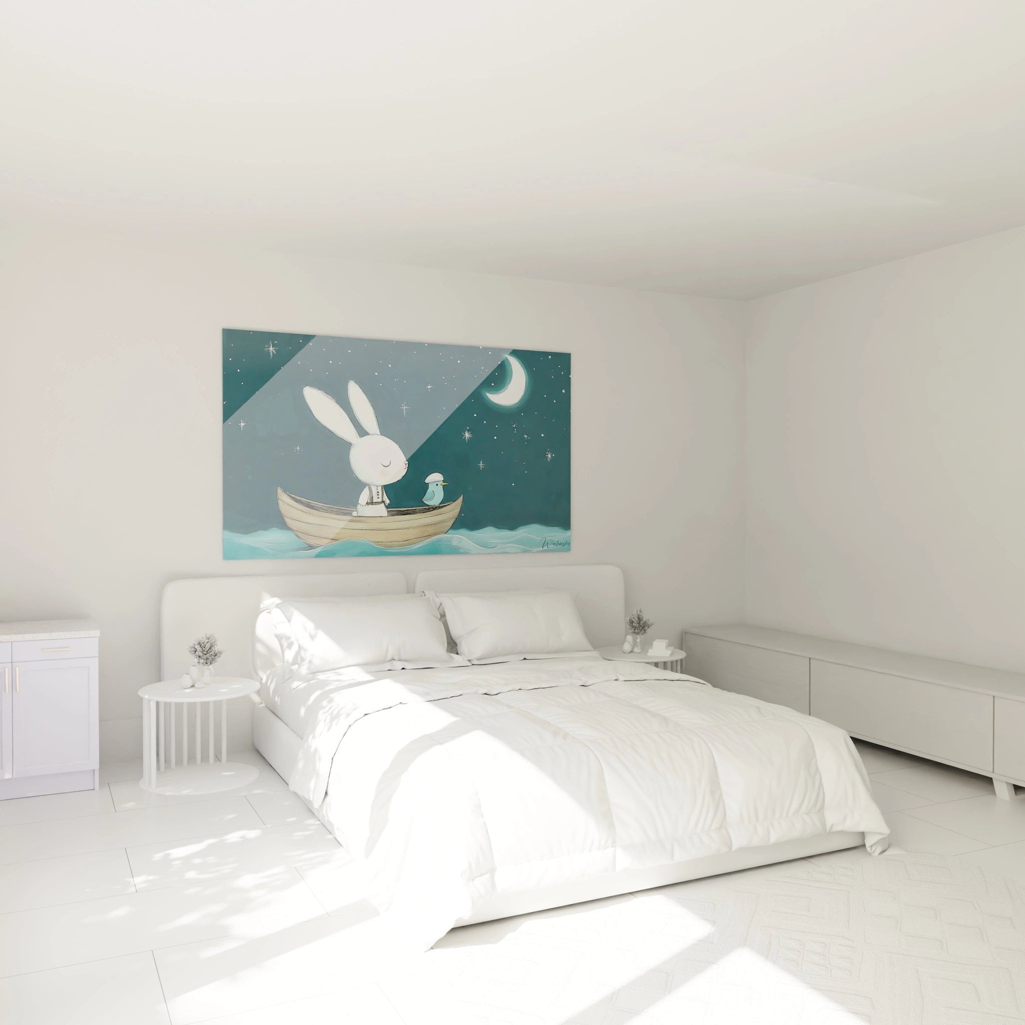 Kinderzimmer Dekoration mit Hase Boot Wandbild über Bett maritime Atmosphäre blaue Töne