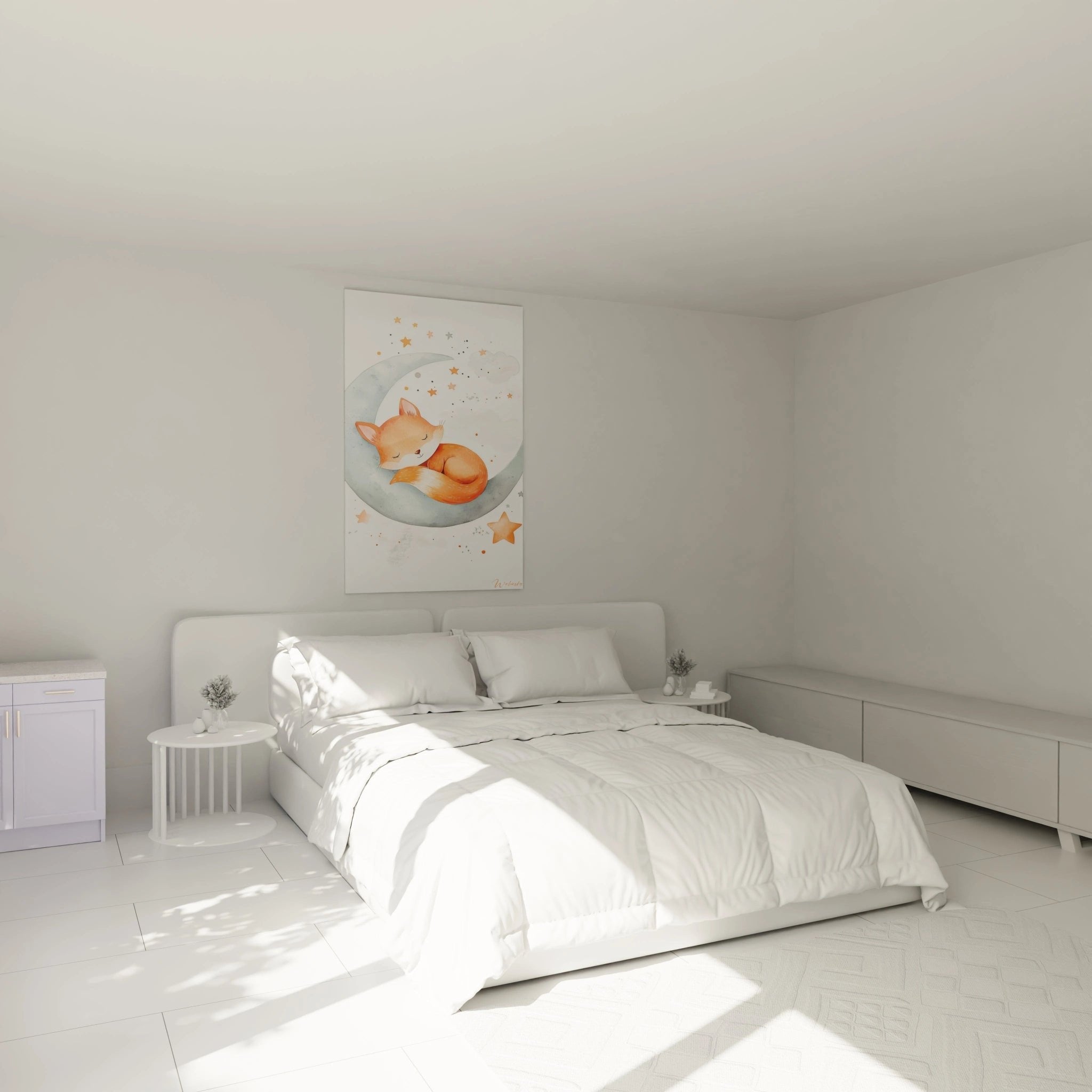 Kinderzimmer Wanddekoration mit Fuchs auf Mond Motiv über Babybett in sanften Pastellfarben angebracht