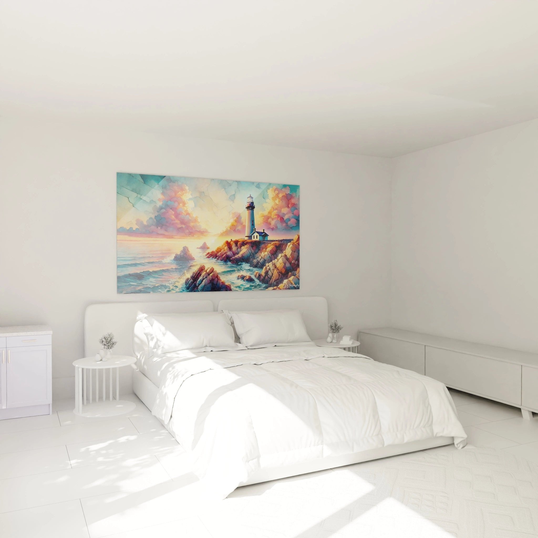 Maritimes Wandbild mit Leuchtturm im Schlafzimmer, schafft beruhigende Atmosphäre mit Sonnenuntergang-Motiv
