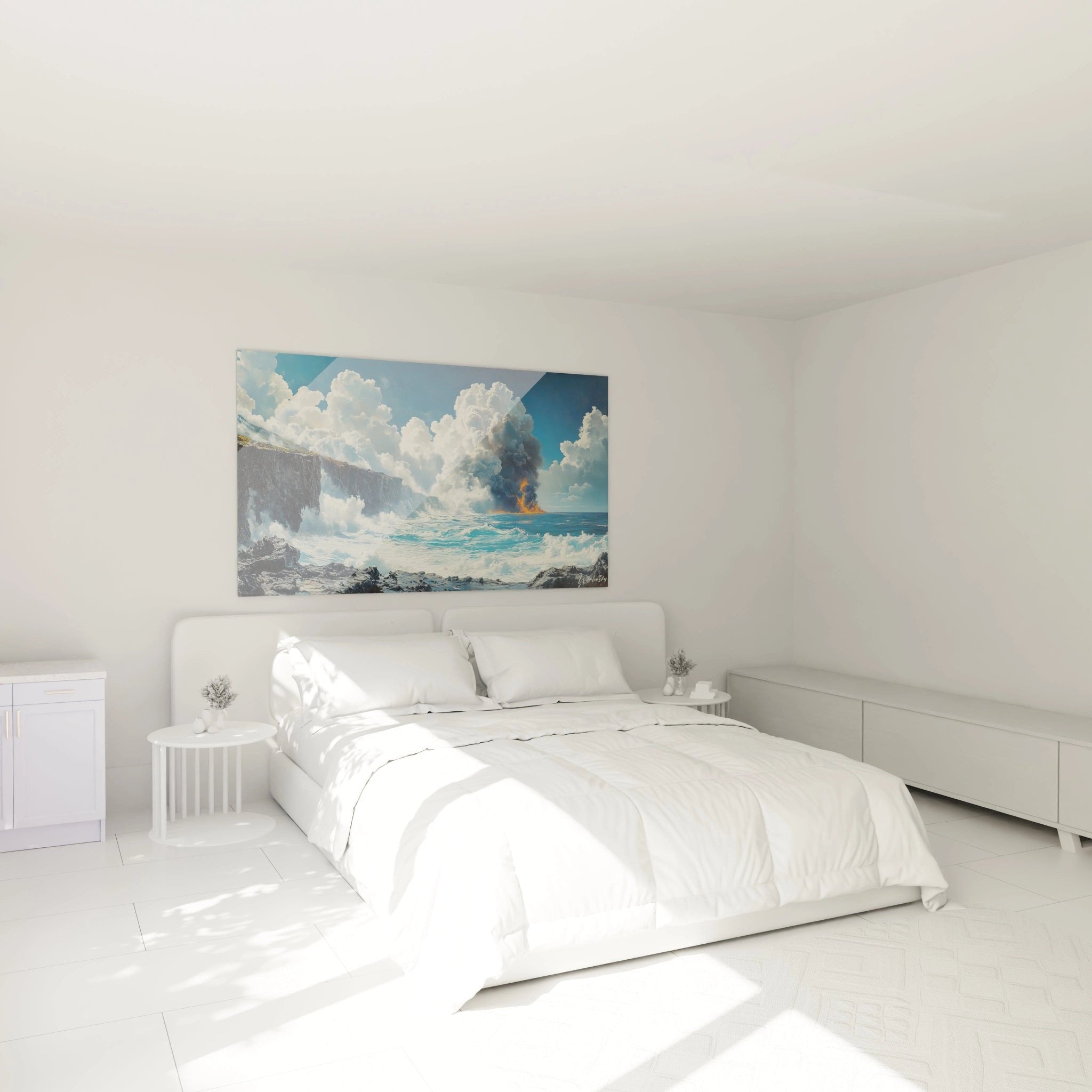 Vulkan Wandbild im Schlafzimmer, spektakuläre Meereslandschaft mit Vulkanausbruch als Wanddekoration