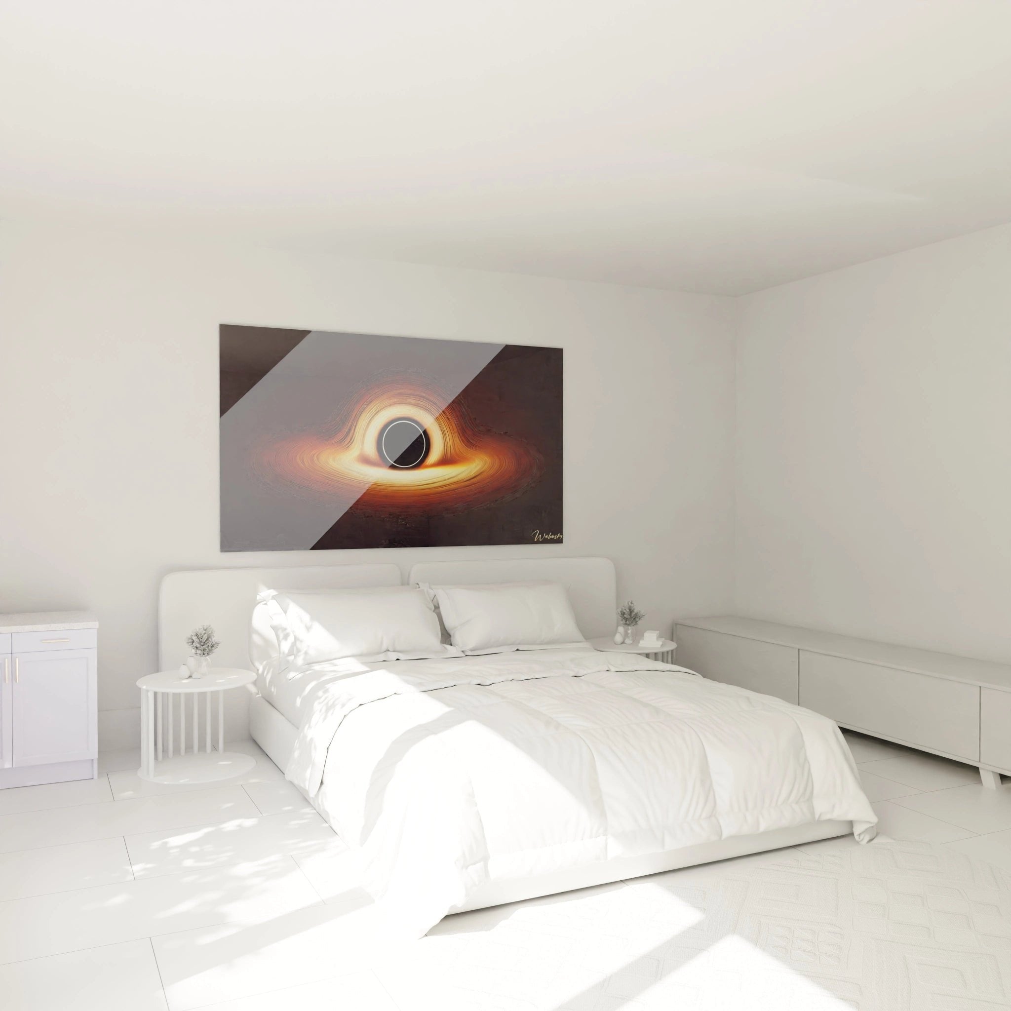 Kosmisches Wandbild schwarzes Loch im modernen Schlafzimmer mit warmer Beleuchtung und elegantem Ambiente