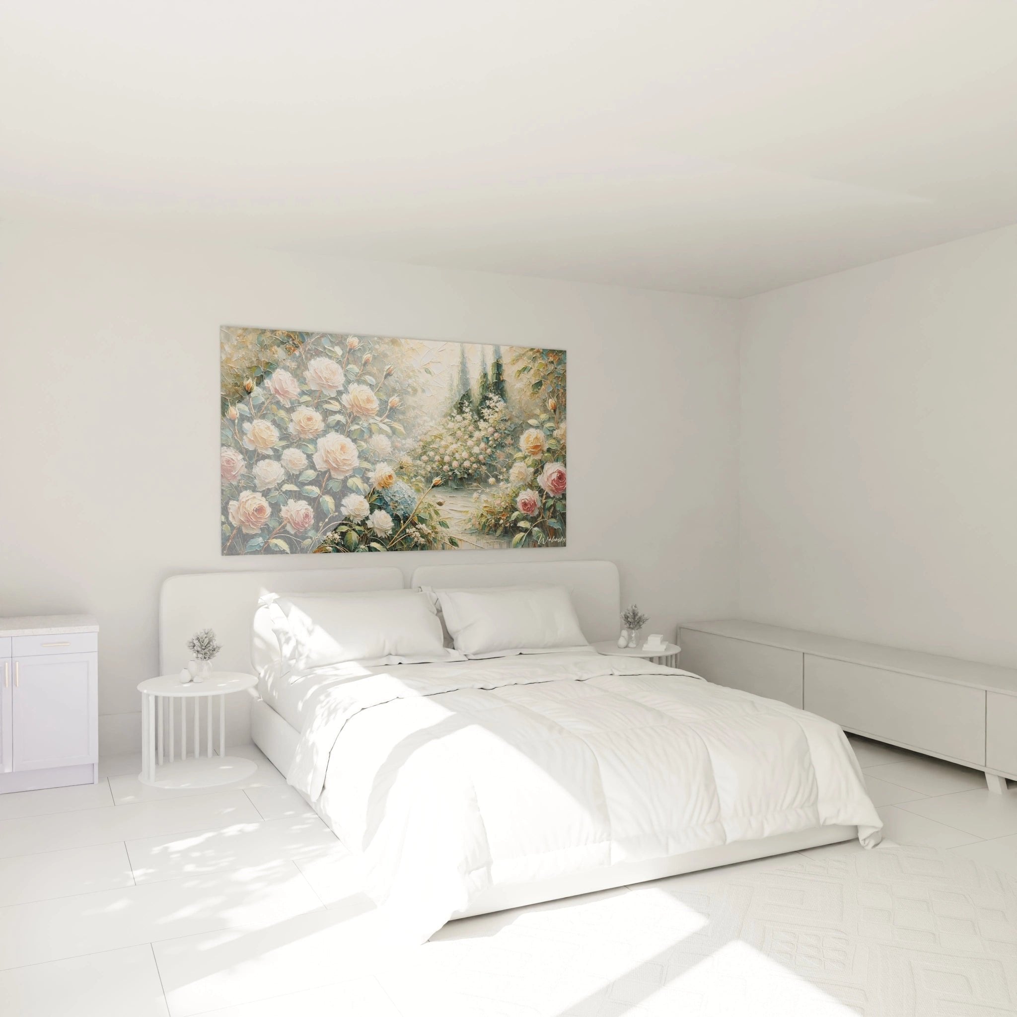 Wandbild Rosengarten im Schlafzimmer - romantische Atmosphäre mit zarten Rosa- und Cremetönen