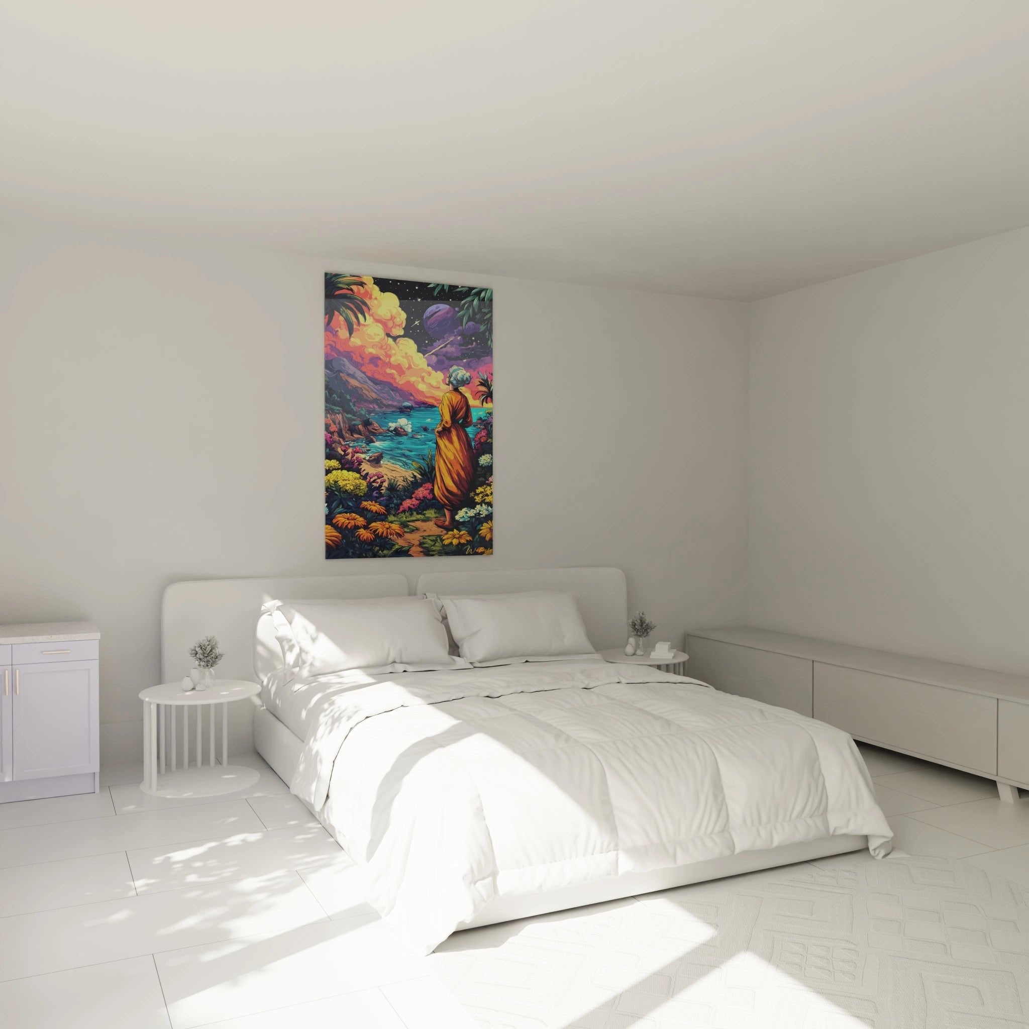 Spirituelles Wandbild mit Mönch am Strand als Dekoration im modernen Schlafzimmer