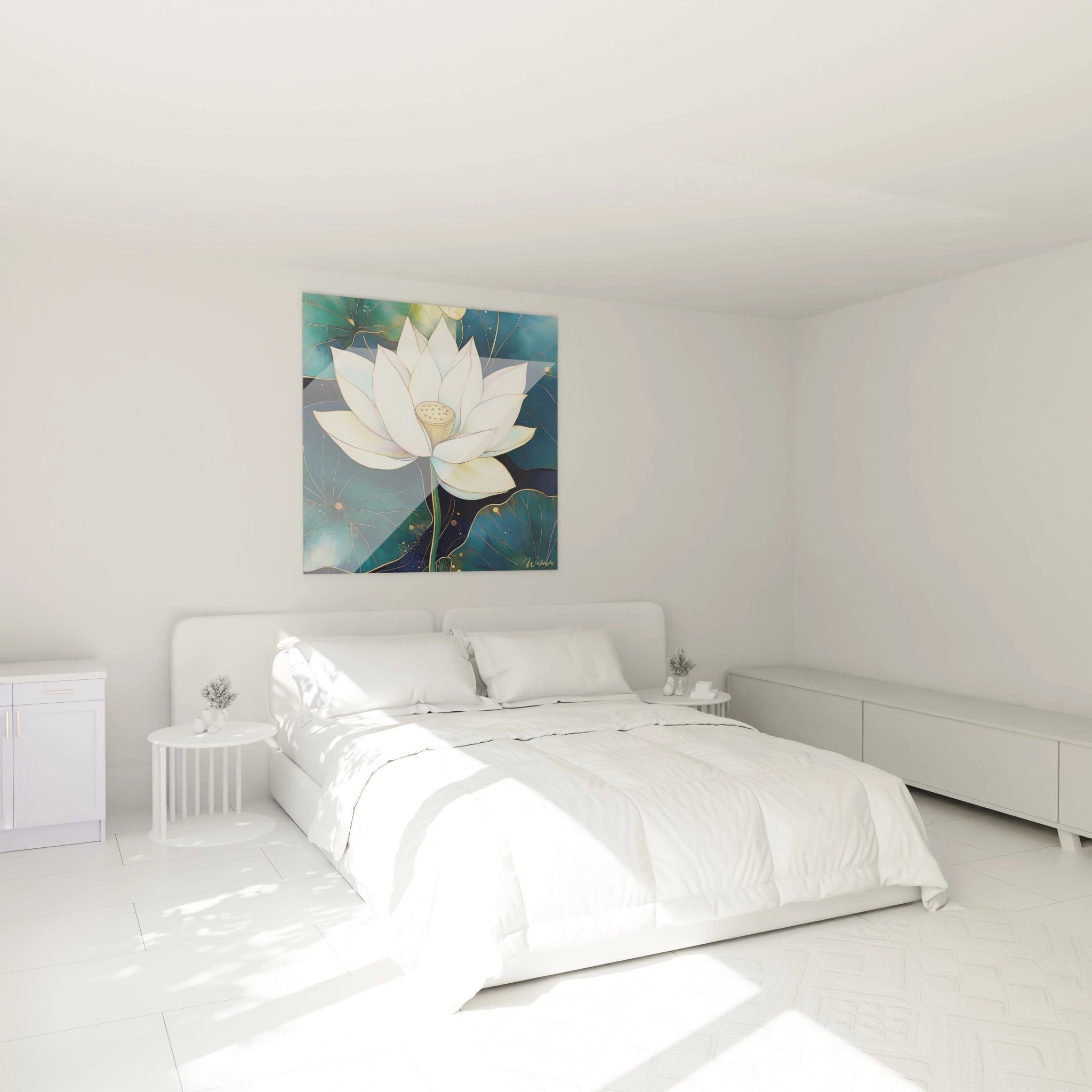 Wandbild Lotusblüte in modernem Schlafzimmer als beruhigendes Dekoelement über dem Bett