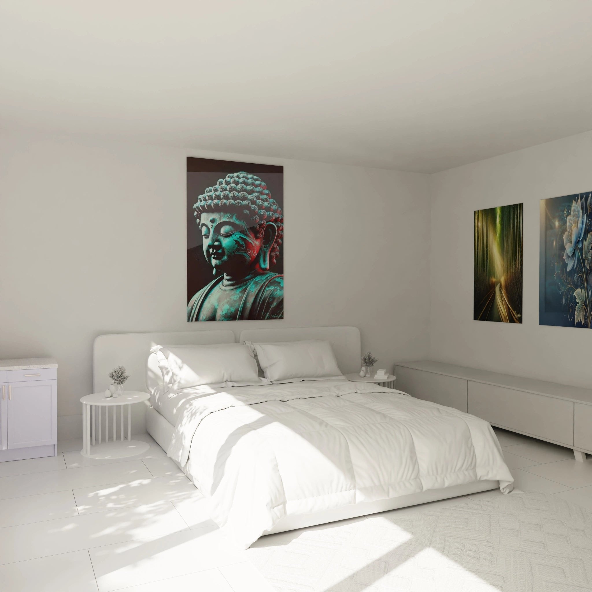 Buddha Wandbild Türkis im Schlafzimmer - Spirituelle Wanddekoration für ruhige Atmosphäre