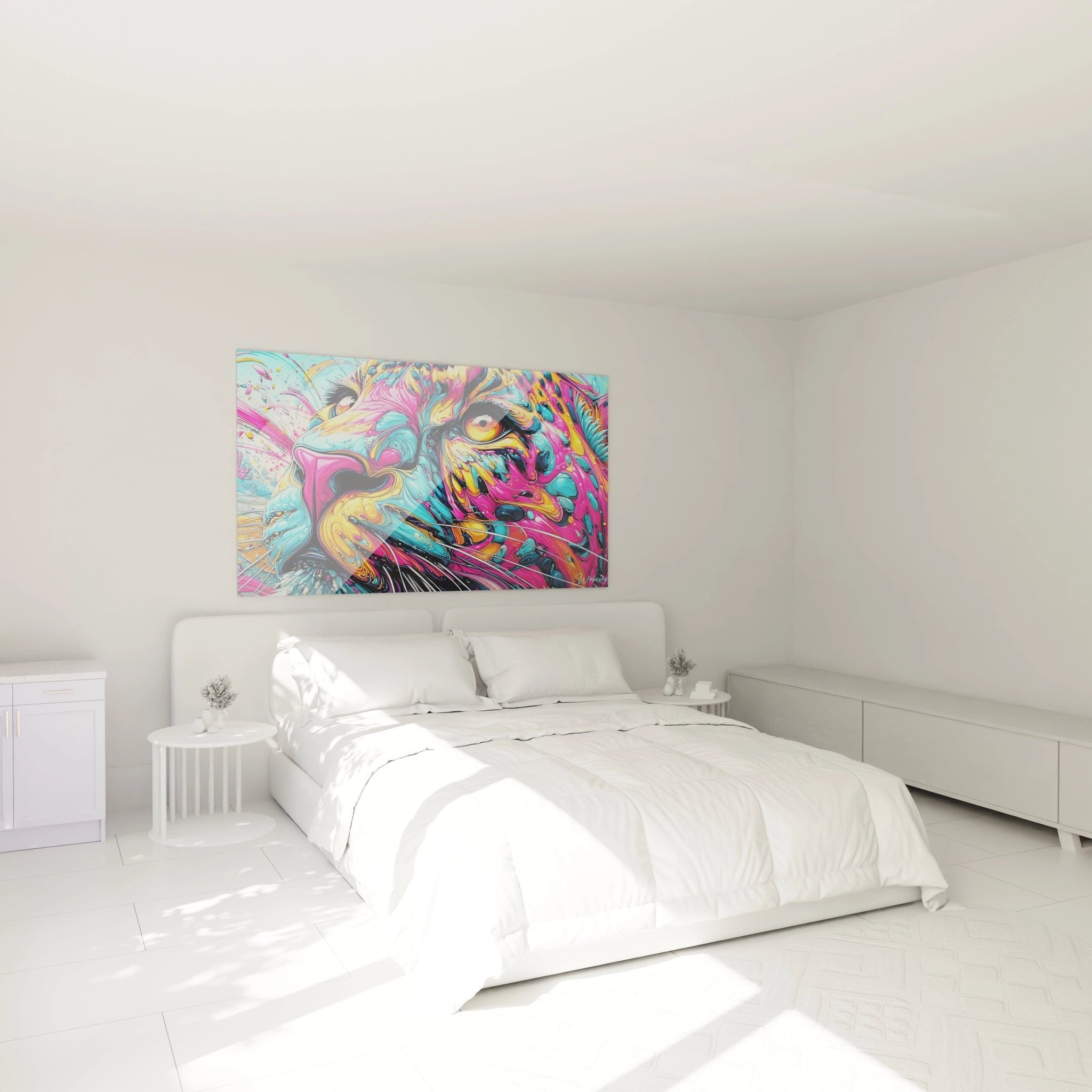 Wandbild psychedelische Katze als moderne Wanddekoration im stilvoll eingerichteten Schlafzimmer