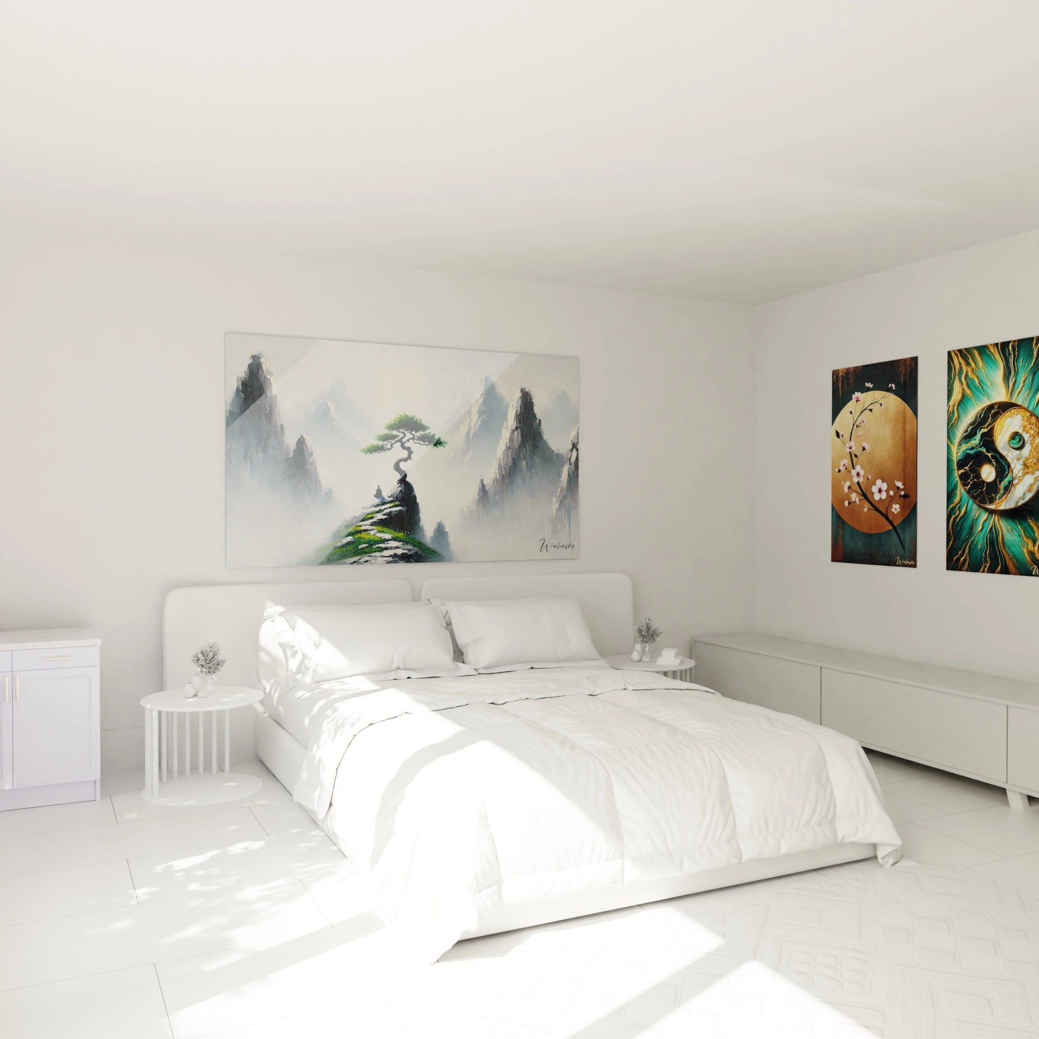 Bonsai Berggipfel Wandbild im Schlafzimmer schafft ruhige meditative Atmosphäre über dem Bett