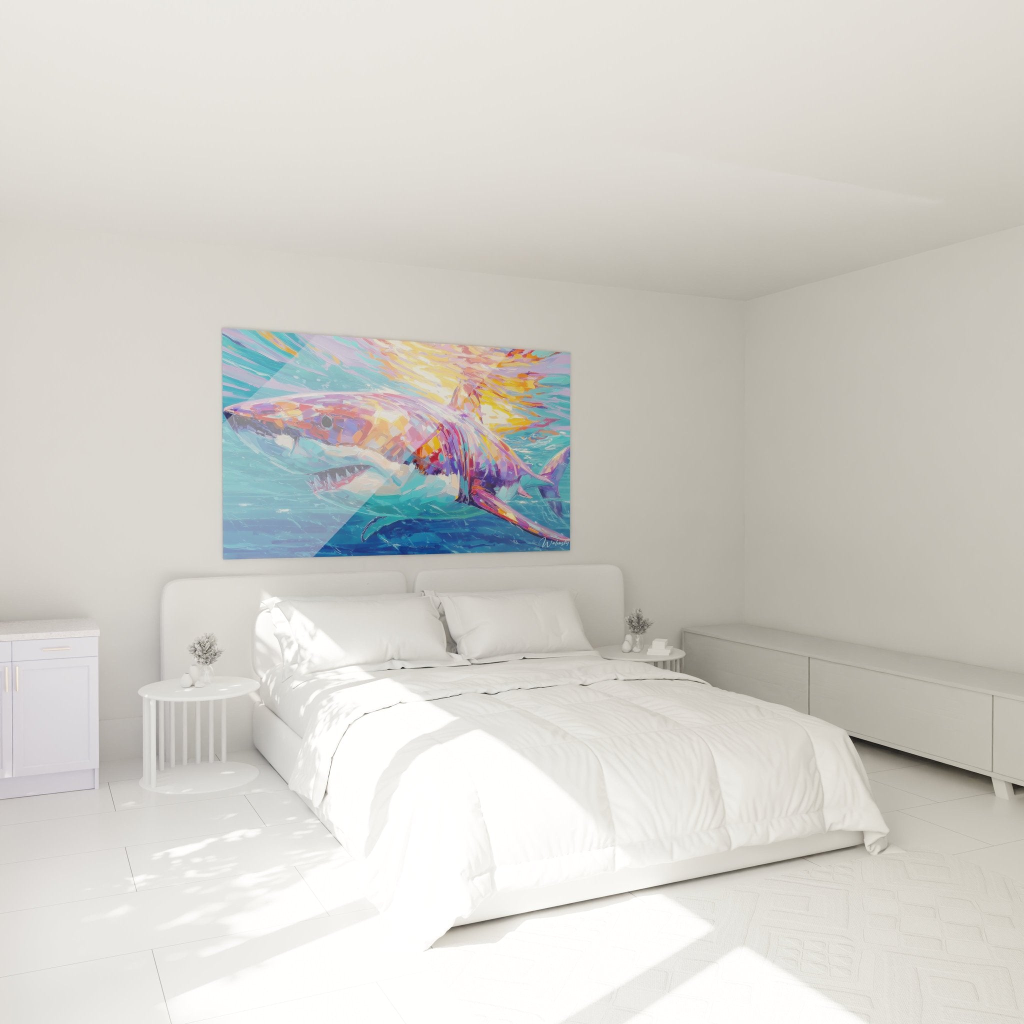 Megalodon Wandbild im Schlafzimmer - expressionistische Meereskunst als Wanddekoration
