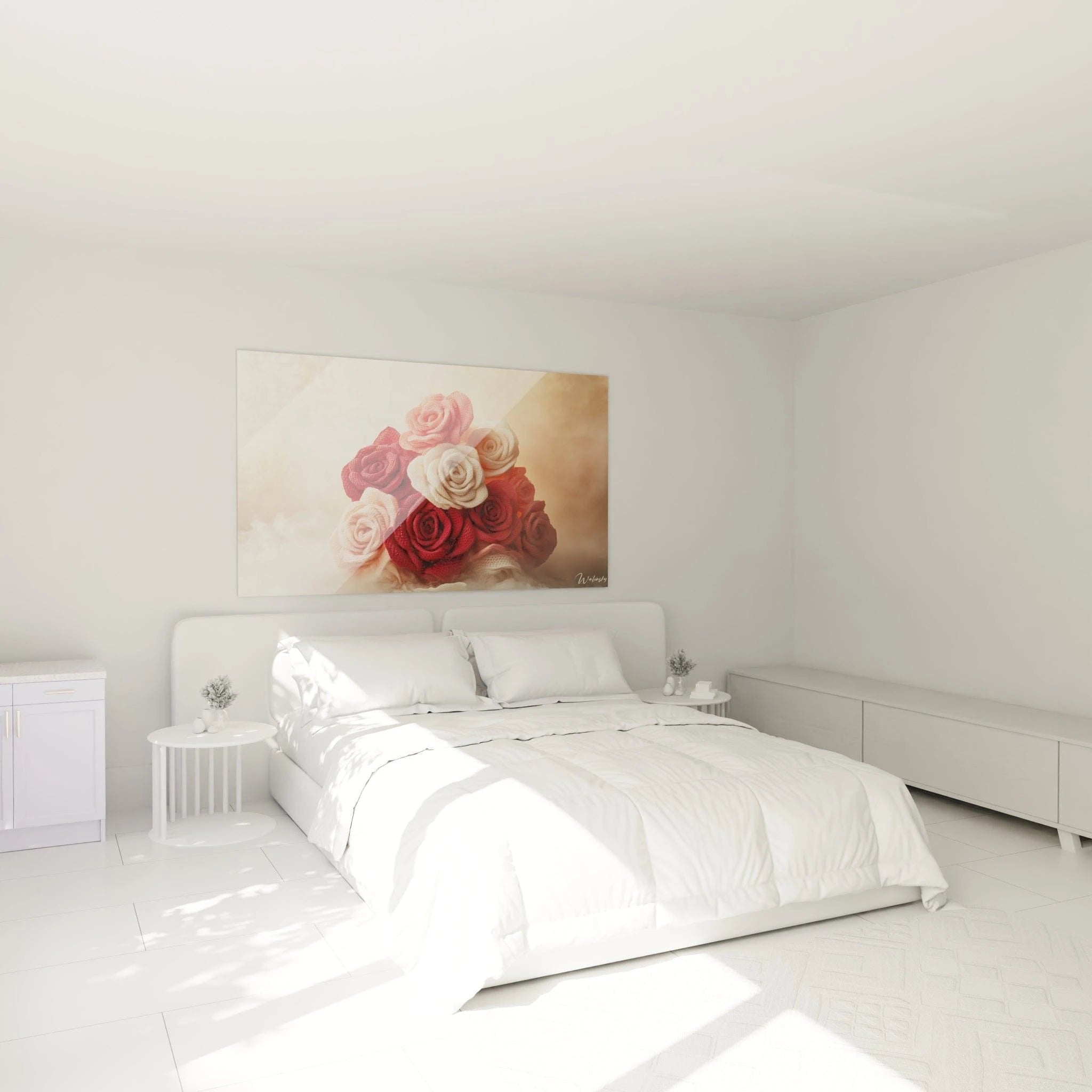 Schlafzimmer-Ambiente mit gehäkelten Rosen Wandbild - romantische Dekoration für gemütliche Räume