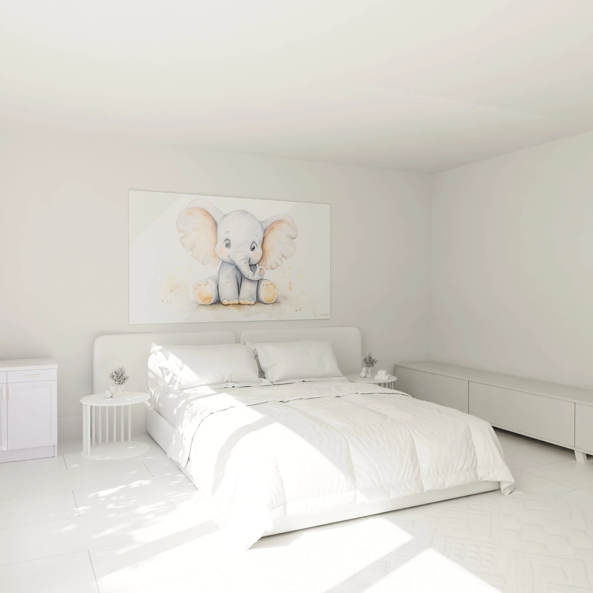 Baby Elefant Wandbild in modernem Kinderzimmer mit warmer Beleuchtung und gemütlicher Einrichtung