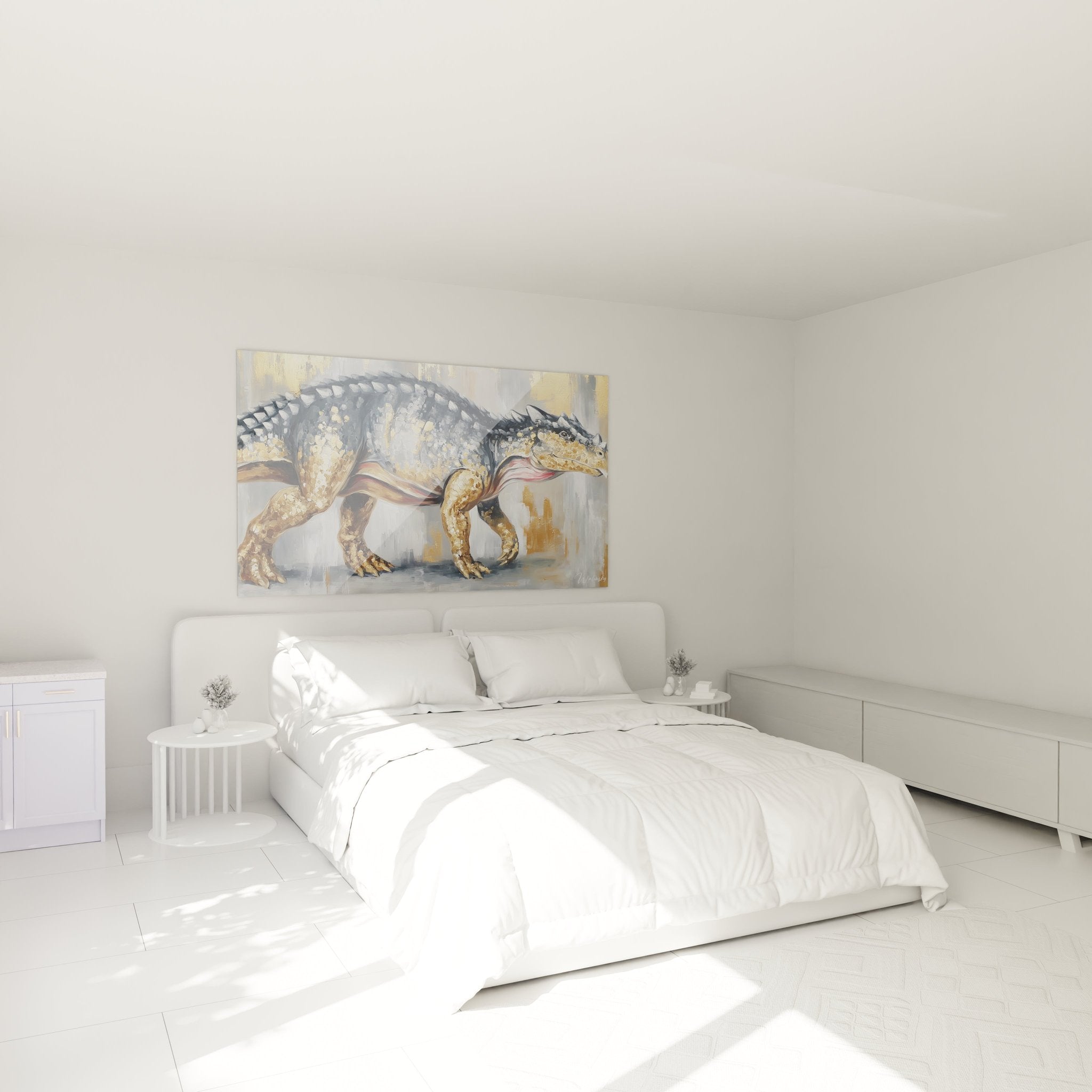 Ankylosaurus Wandbild in modernem Schlafzimmer mit goldenen Details als stilvoller Wandschmuck