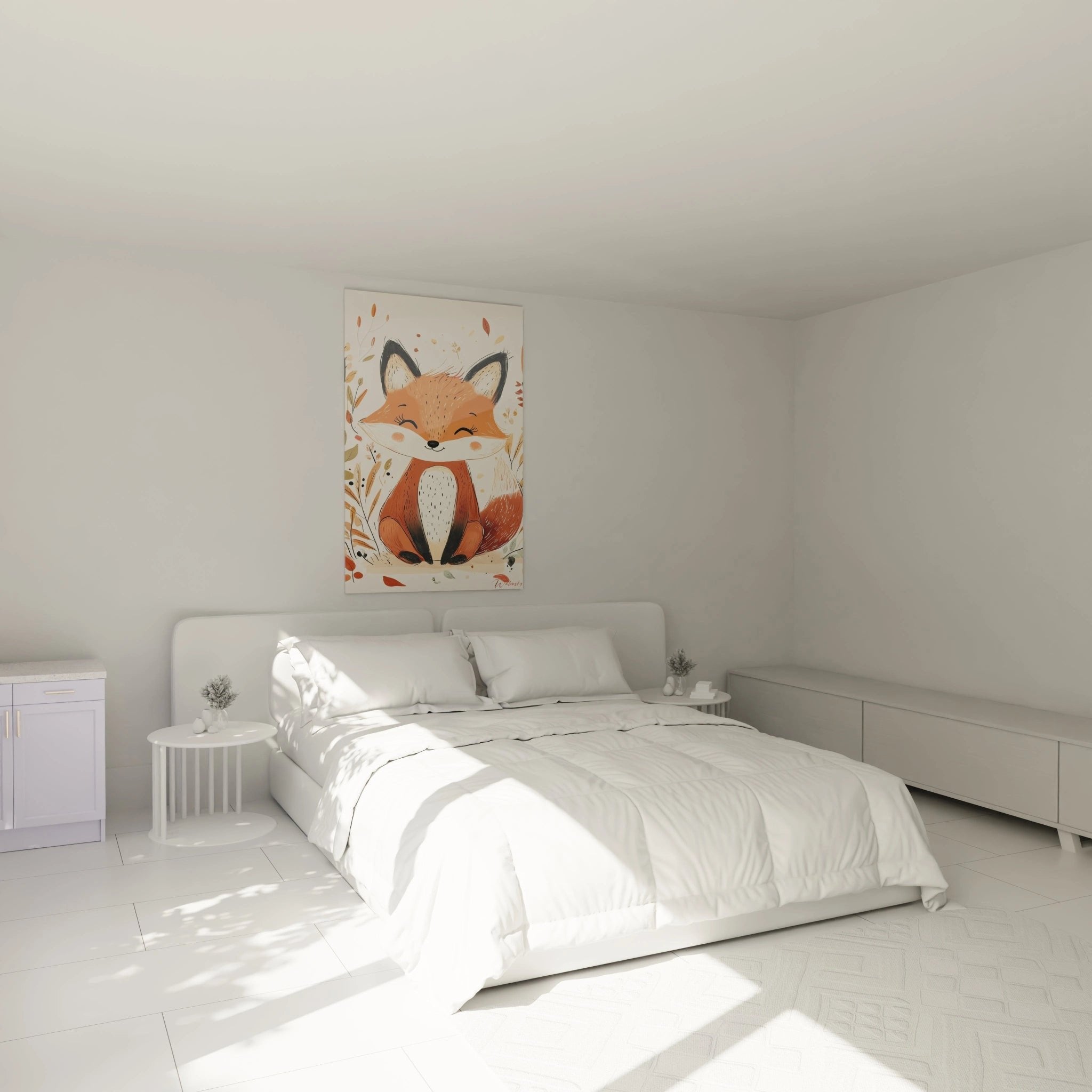 Fuchs Wandbild im Kinderzimmer über dem Bett mit herbstlicher Dekoration und warmer Beleuchtung