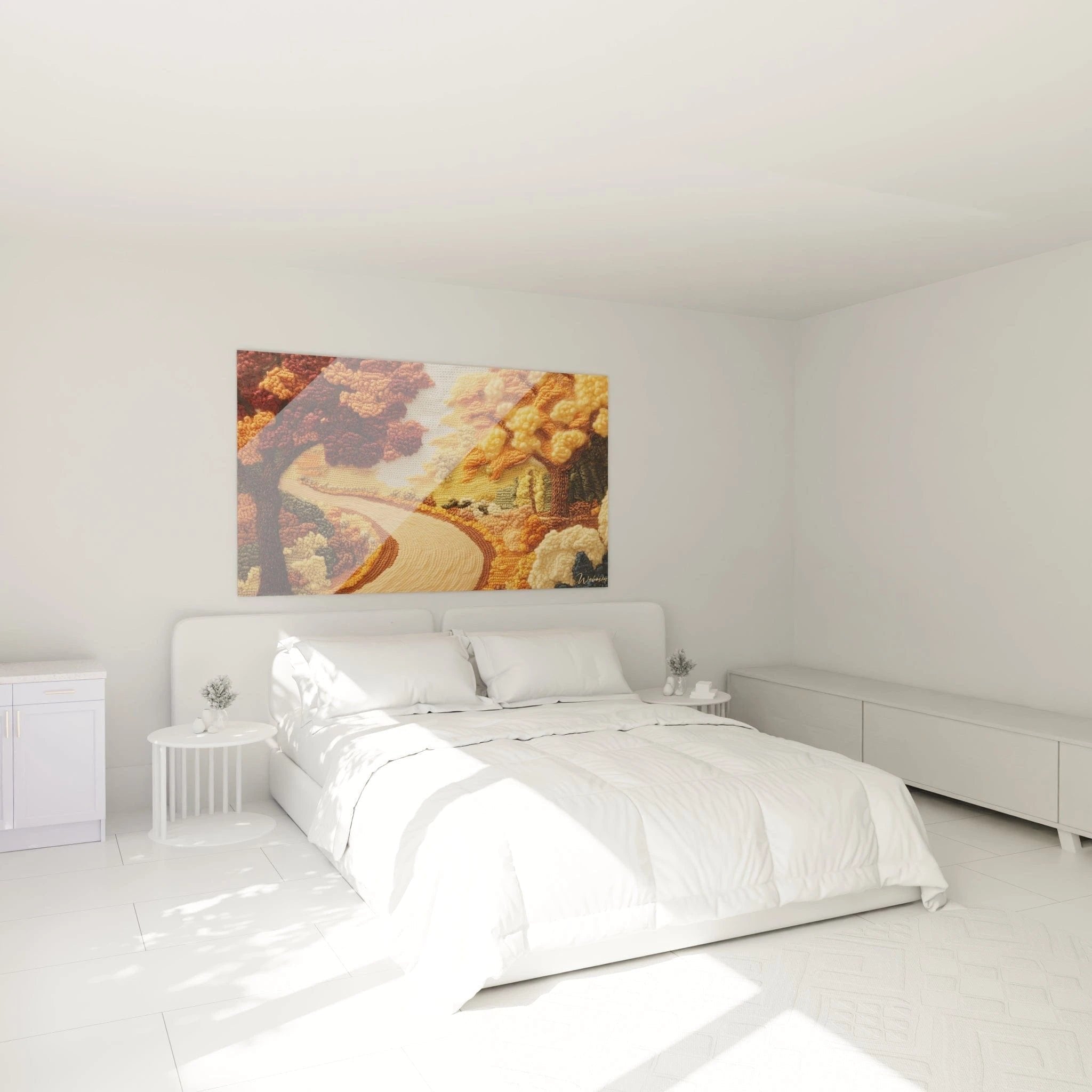 Herbstlandschaft Häkeloptik Wandbild im Schlafzimmer mit warmer gemütlicher Atmosphäre und Textilstruktur