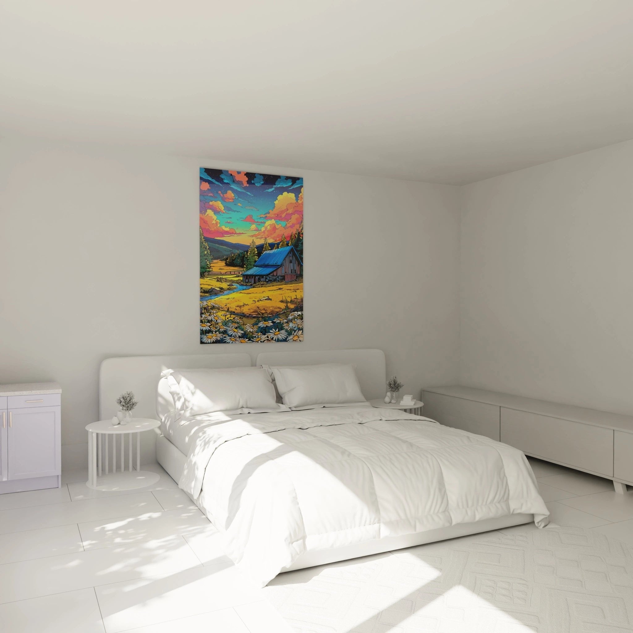 Wandbild Berglandschaft im Schlafzimmer zeigt friedliche Atmosphäre mit warmen Sonnenuntergangsfarben