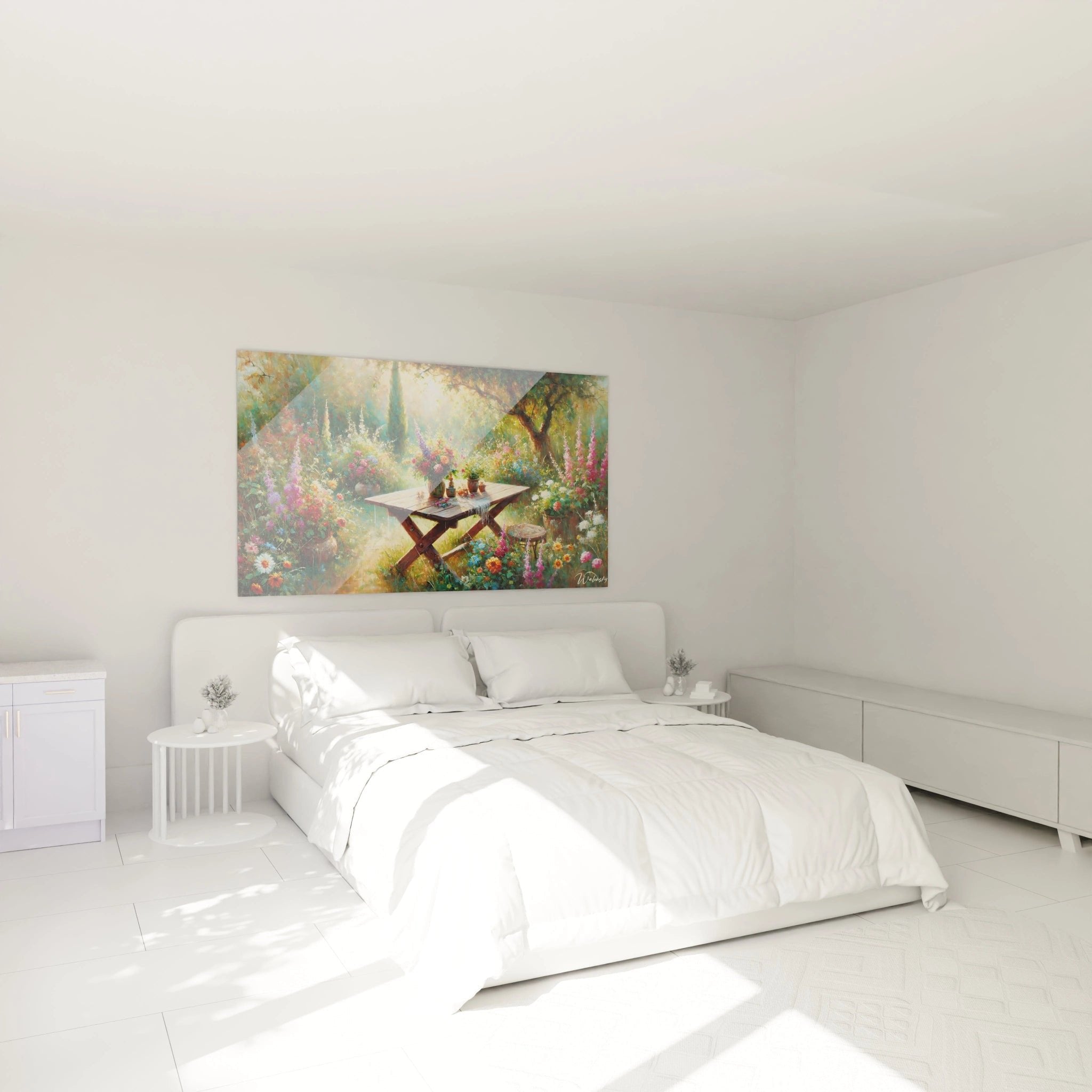 Wandbild romantischer Blumengarten über dem Bett im gemütlichen Schlafzimmer für entspannte Atmosphäre