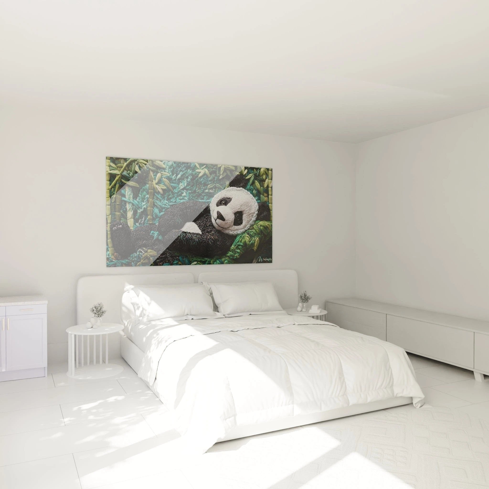 Panda Häkeloptik Wandbild im Schlafzimmer, beruhigende Naturkunst für entspannte Wohnatmosphäre