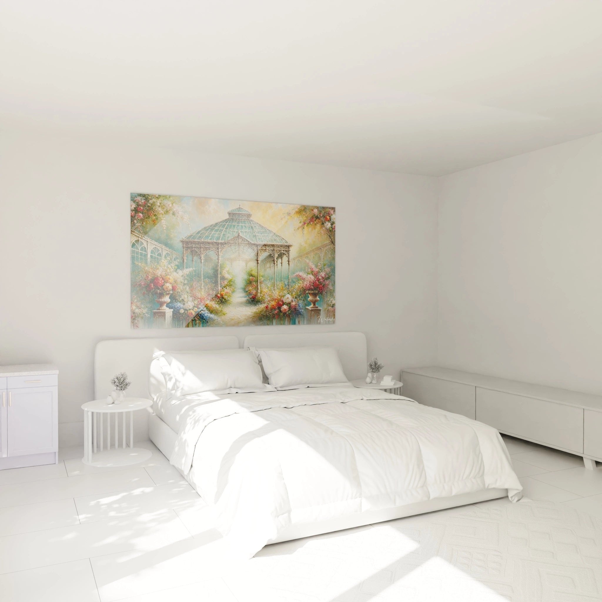 Viktorianisches Gewächshaus Wandbild im Schlafzimmer schafft romantische Atmosphäre mit floralen Motiven und warmen Farben