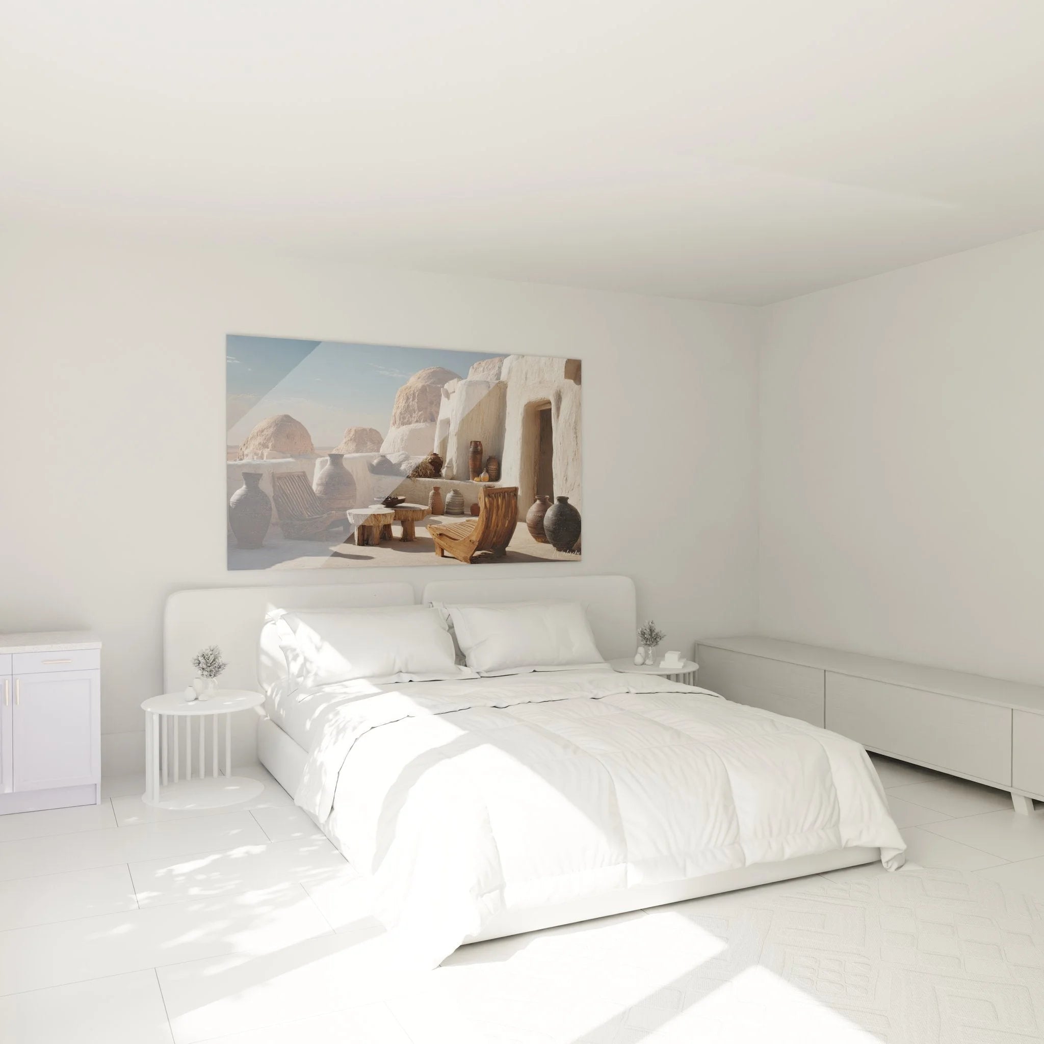 Berber Architektur Wandbild im Schlafzimmer mit natürlicher Wüstenästhetik und warmer Atmosphäre