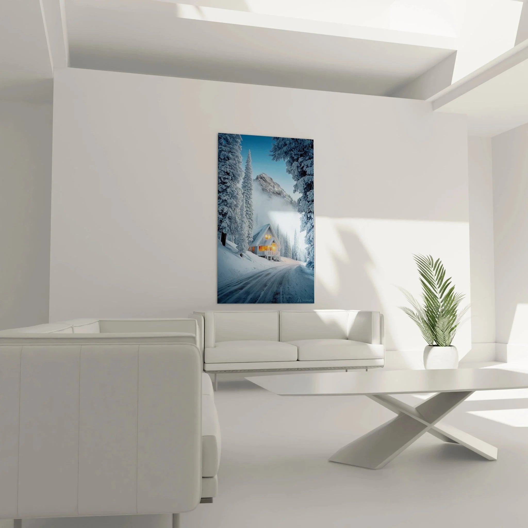 Detailansicht Wandbild Bergchalet zeigt warmes Licht der Hüttenfenster im Winterwald