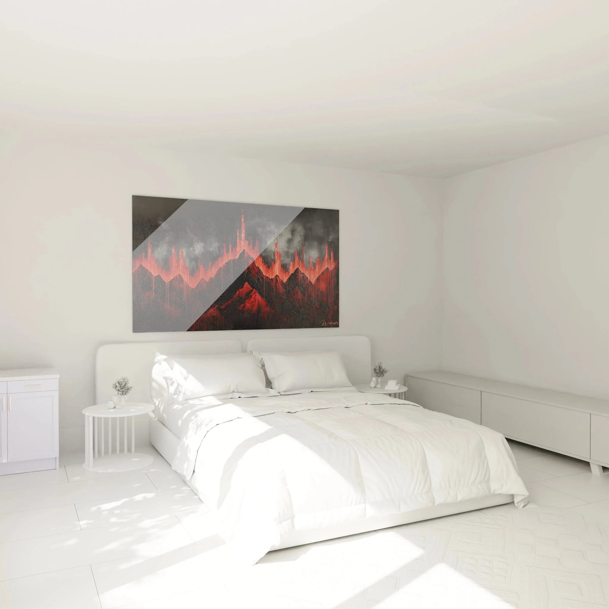 Apokalyptisches Bergbild in rot-schwarz als Wanddekoration im modernen Schlafzimmer