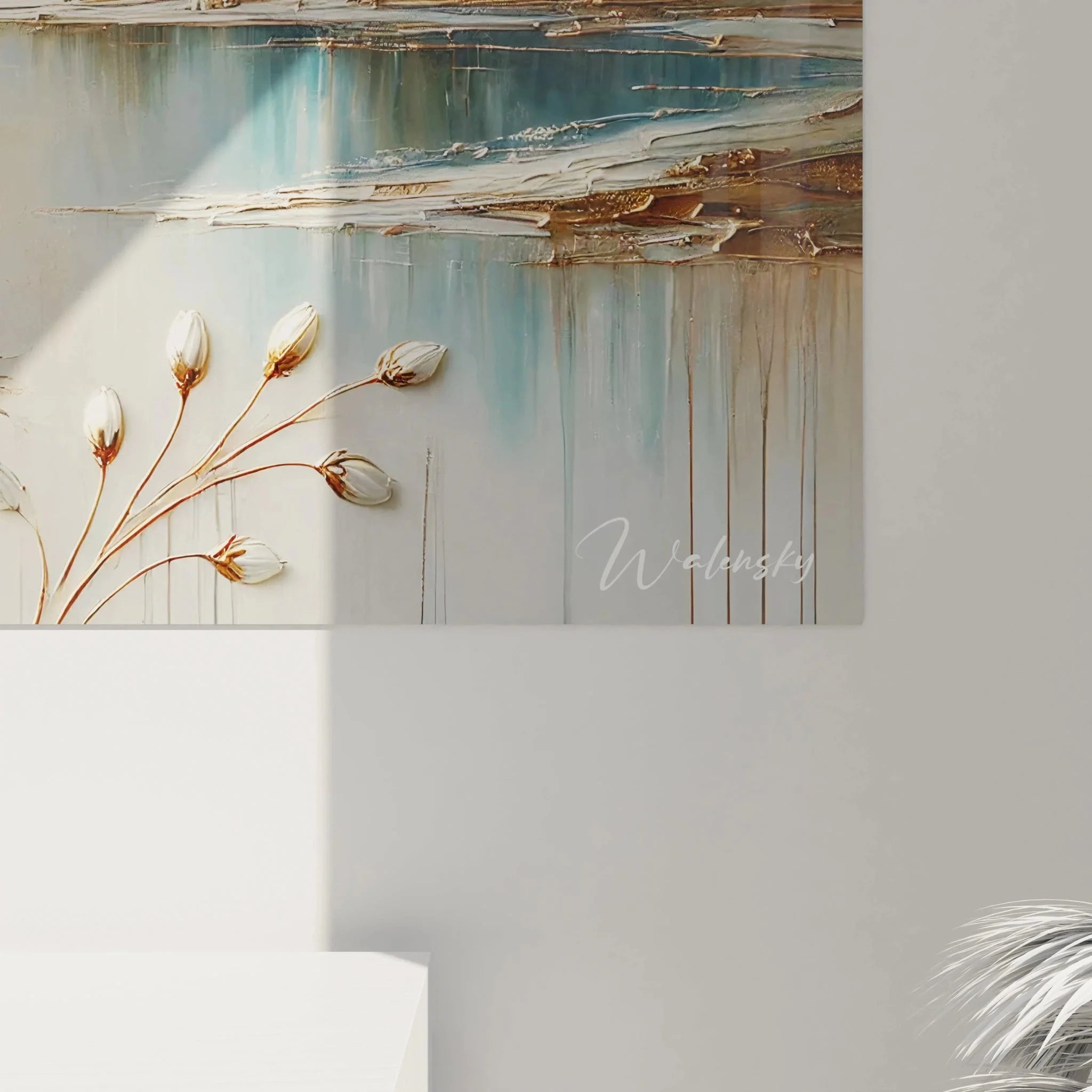 Gesamtansicht Wandbild Bergpanorama mit Alpensee und Blüten, komplette Berglandschaft Leinwand