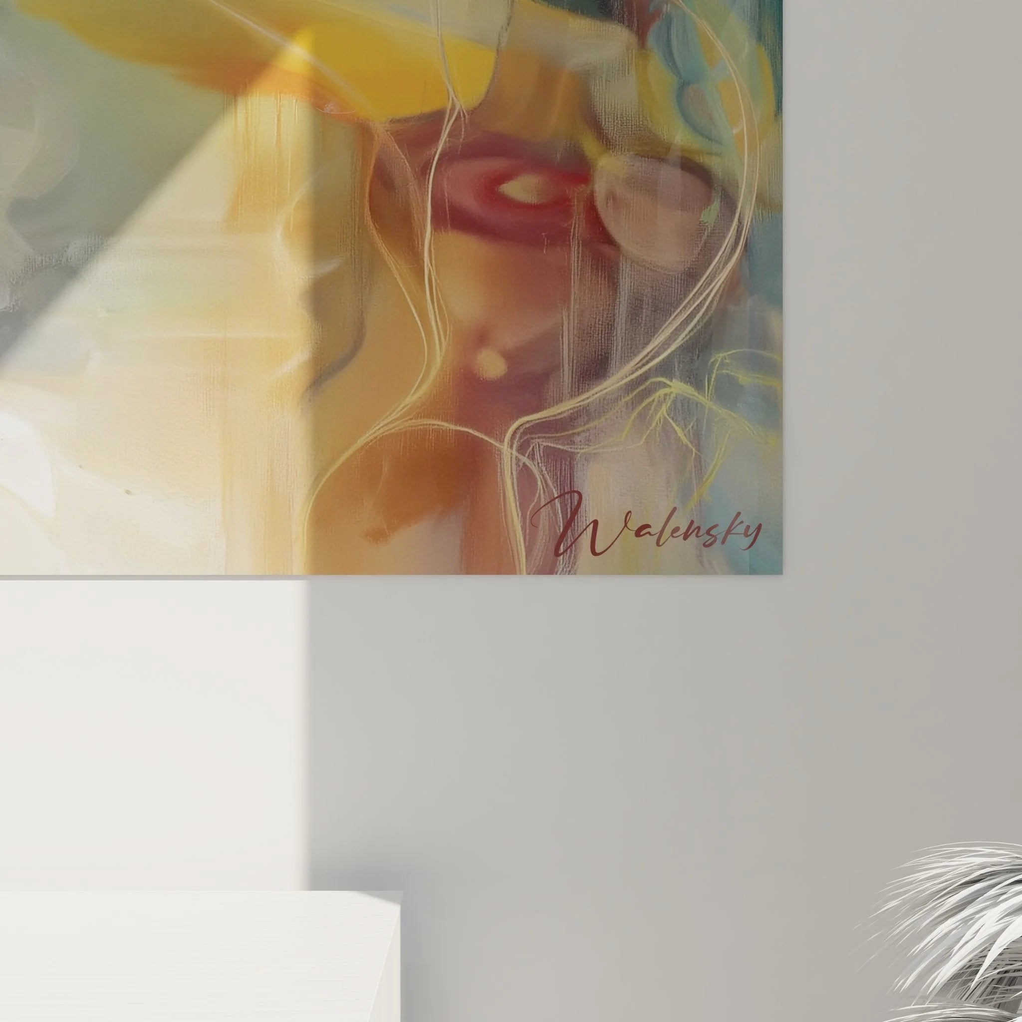 Gesamtansicht abstraktes Bergsee Wandbild mit harmonischer Farbkomposition und Lichteffekten