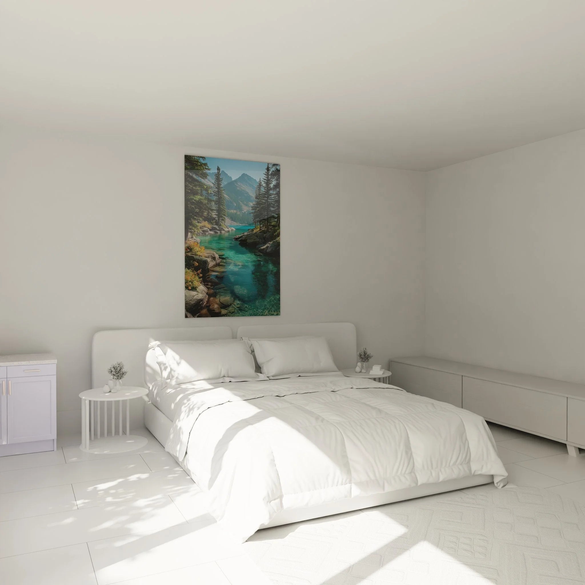 Bergsee Wandbild im Schlafzimmer, Alpensee Leinwand als entspannende Wanddekoration über dem Bett