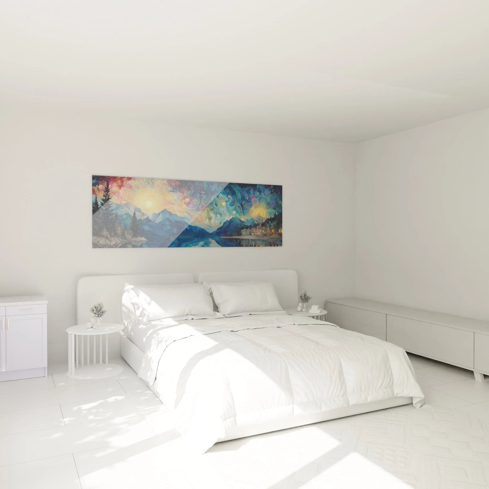 Mystisches Bergsee Wandbild als Schlafzimmer Dekoration mit warmen goldenen Himmelswirbeln