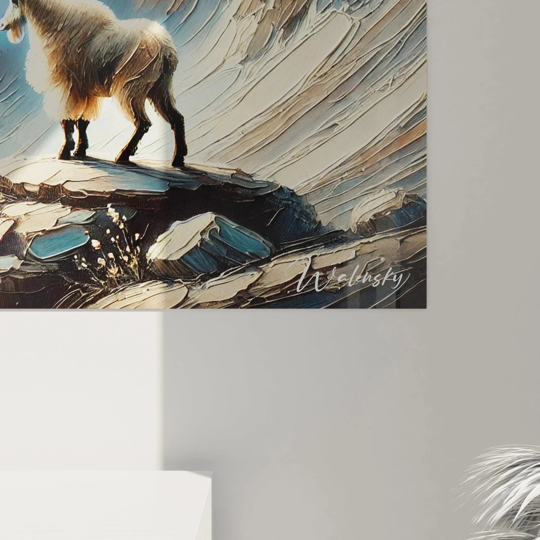 Gesamtansicht alpine Bergwelt Kunstdruck mit Steinbock - winterliche Hochgebirgslandschaft Wandbild