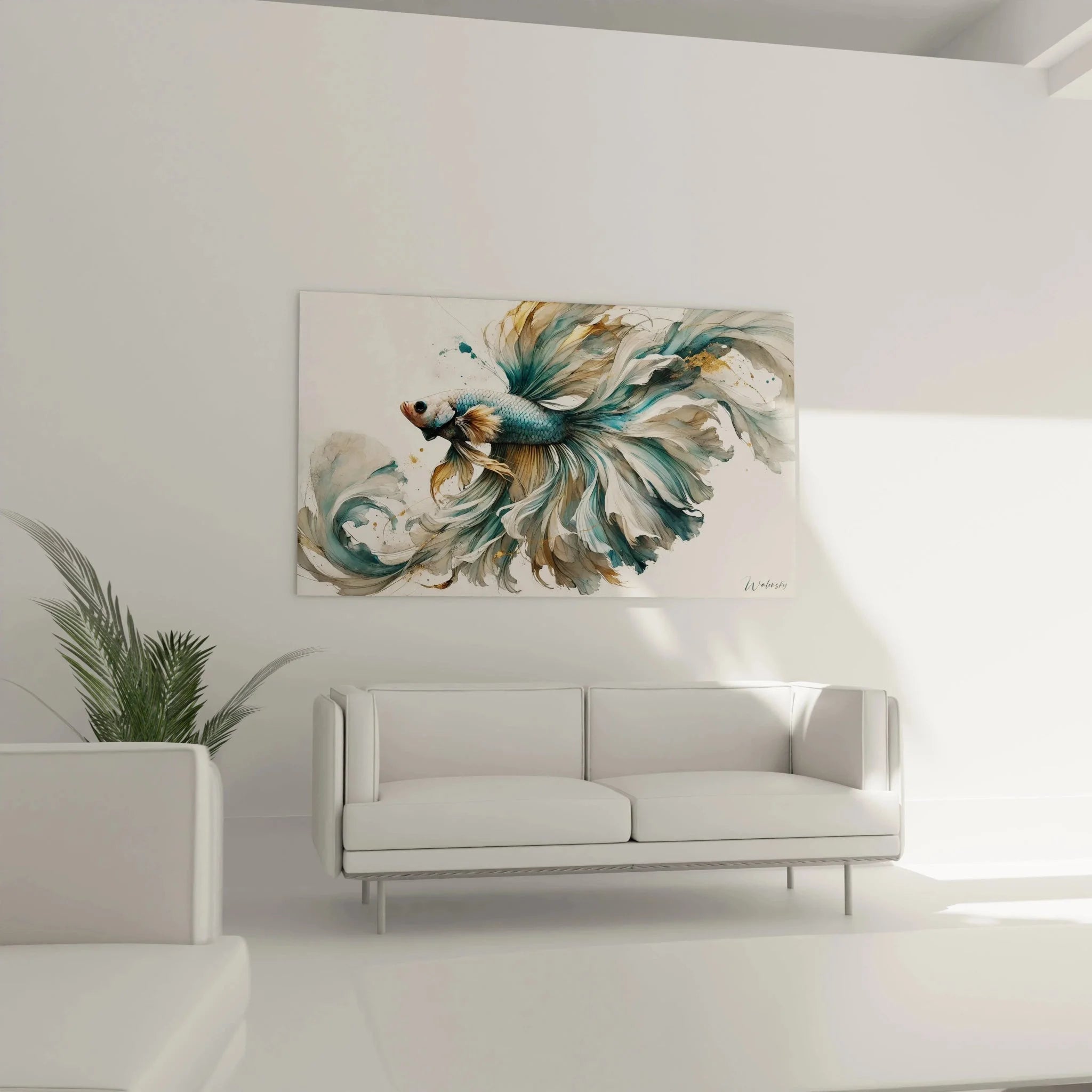 Nahaufnahme Betta Splendens Wandbild zeigt detailreiche Aquarell Schuppen und Flossen