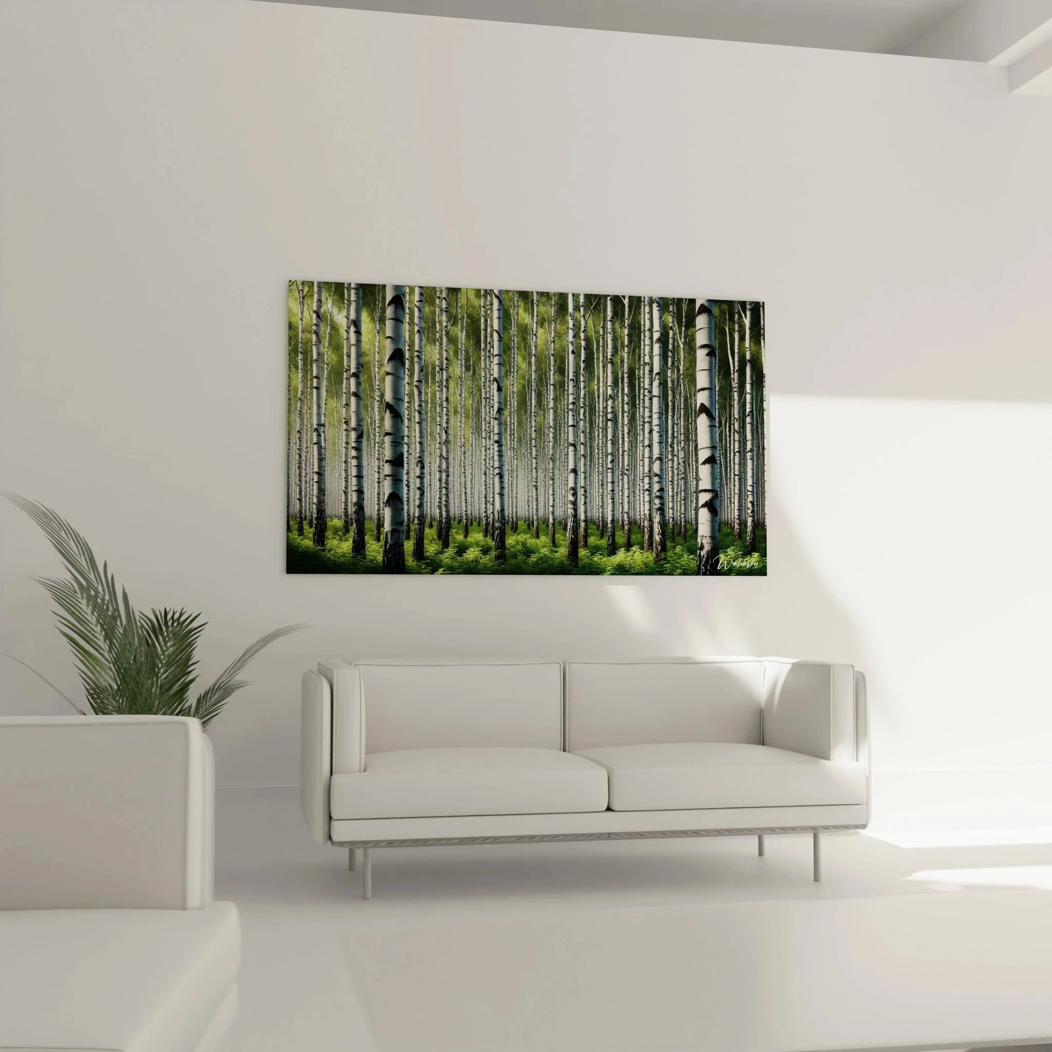 Detailansicht Birkenwald Wandbild - weiße Birkenstämme mit schwarzen Querstreifen in premium Kunstdruck Qualität