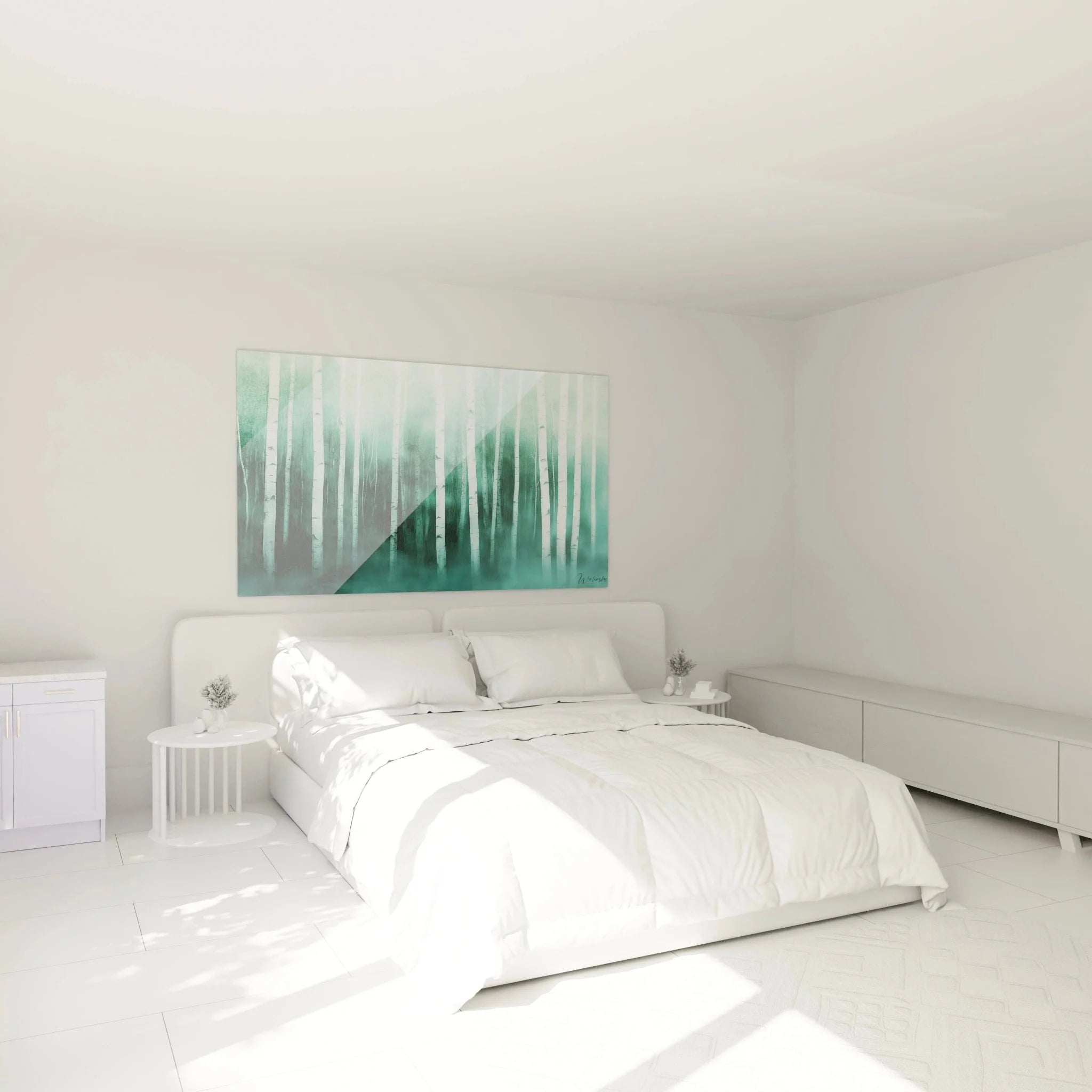 Birkenwald Wandbild XXL im Schlafzimmer, beruhigende Waldstimmung in Türkis als Wanddeko