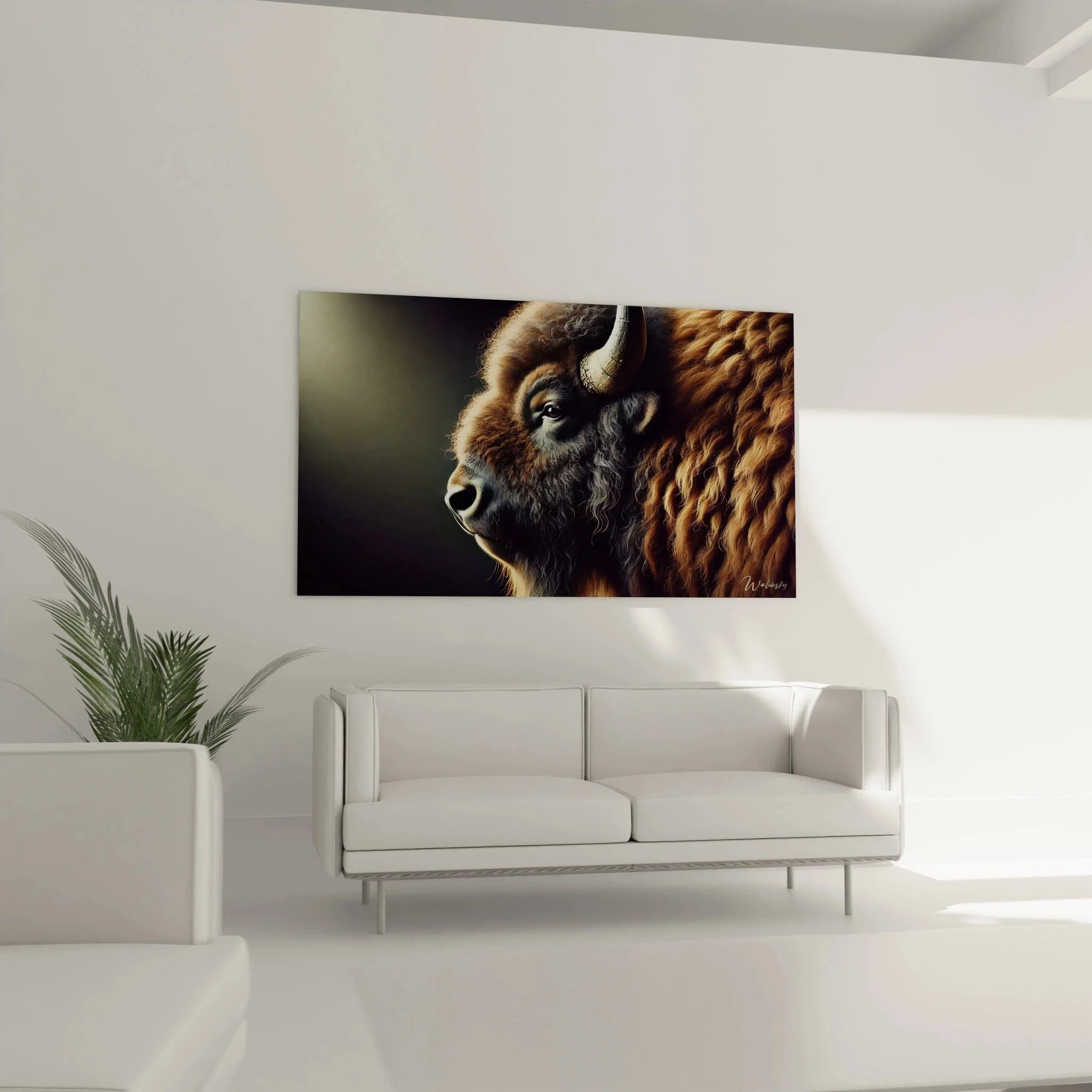 Detailaufnahme Bison Wandbild - Nahansicht des realistischen Bison Gesichts mit Horn und ausdrucksvollem Auge