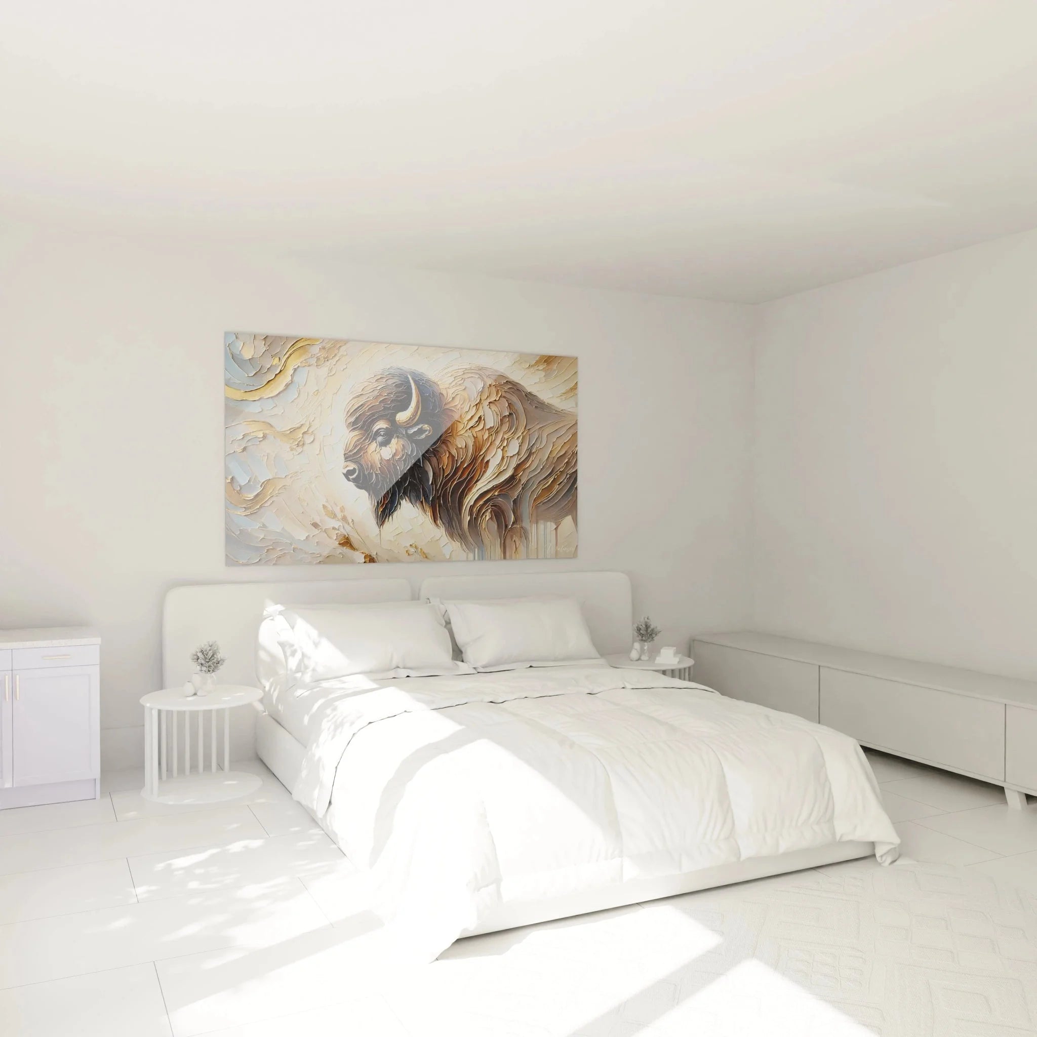 Bison Wandbild XXL in Schlafzimmer Ambiente - Büffel Wanddekoration für moderne Einrichtung