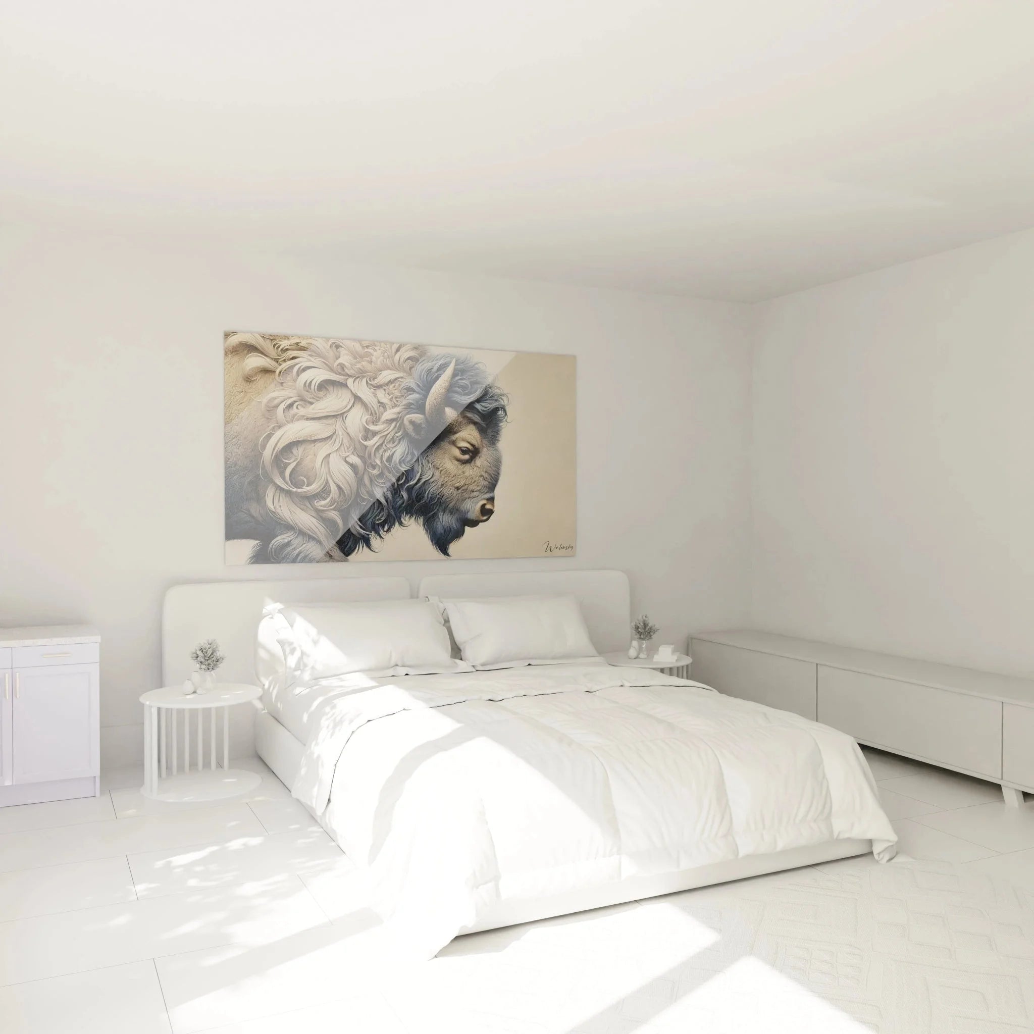 Bison Wandbild XXL in Schlafzimmer Ambiente - Elegante Wildnis Wanddekoration in warmen Erdtönen