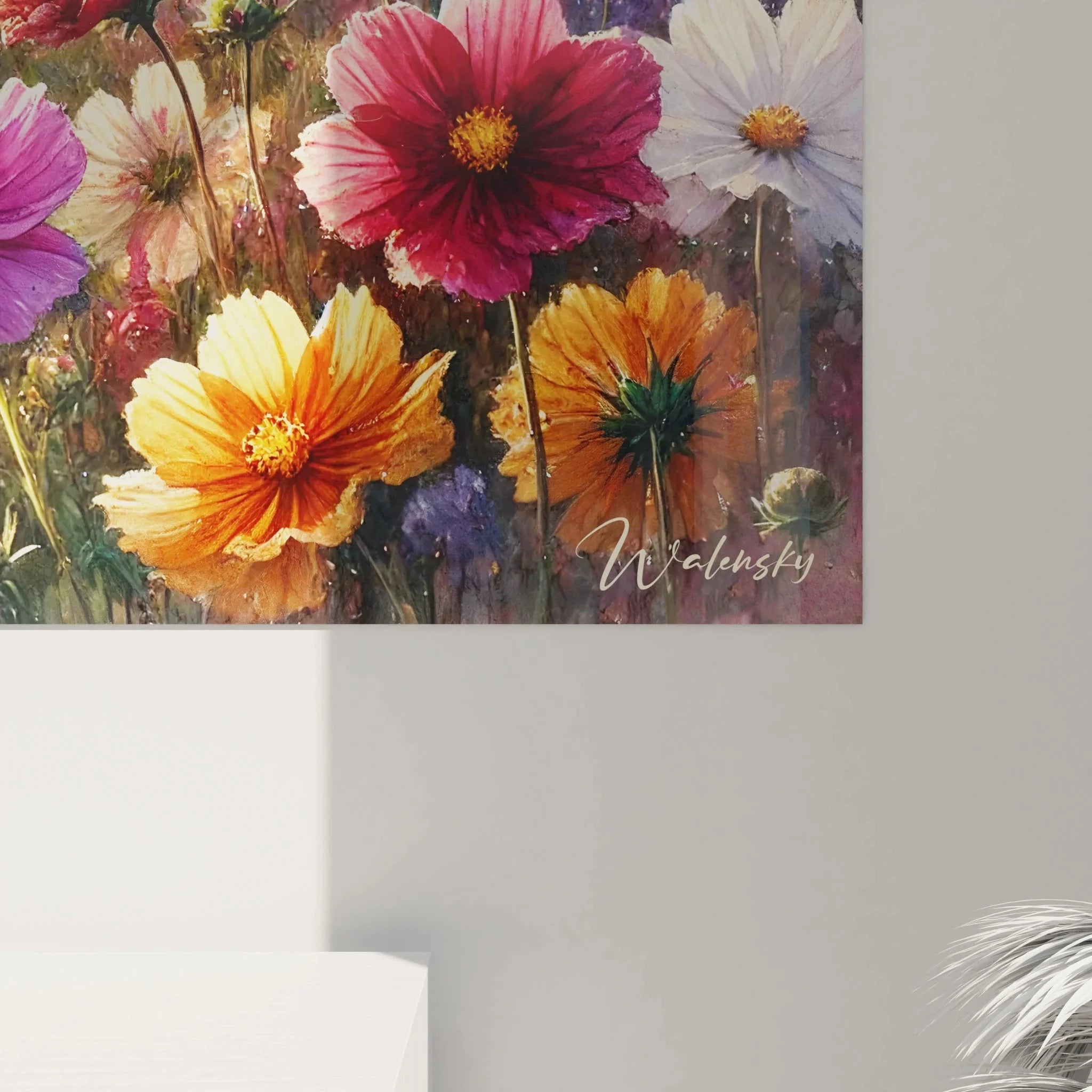 Gesamtansicht Wandbild Blumenfeld, Kosmos Blütenwiese als großformatige Leinwand Dekoration