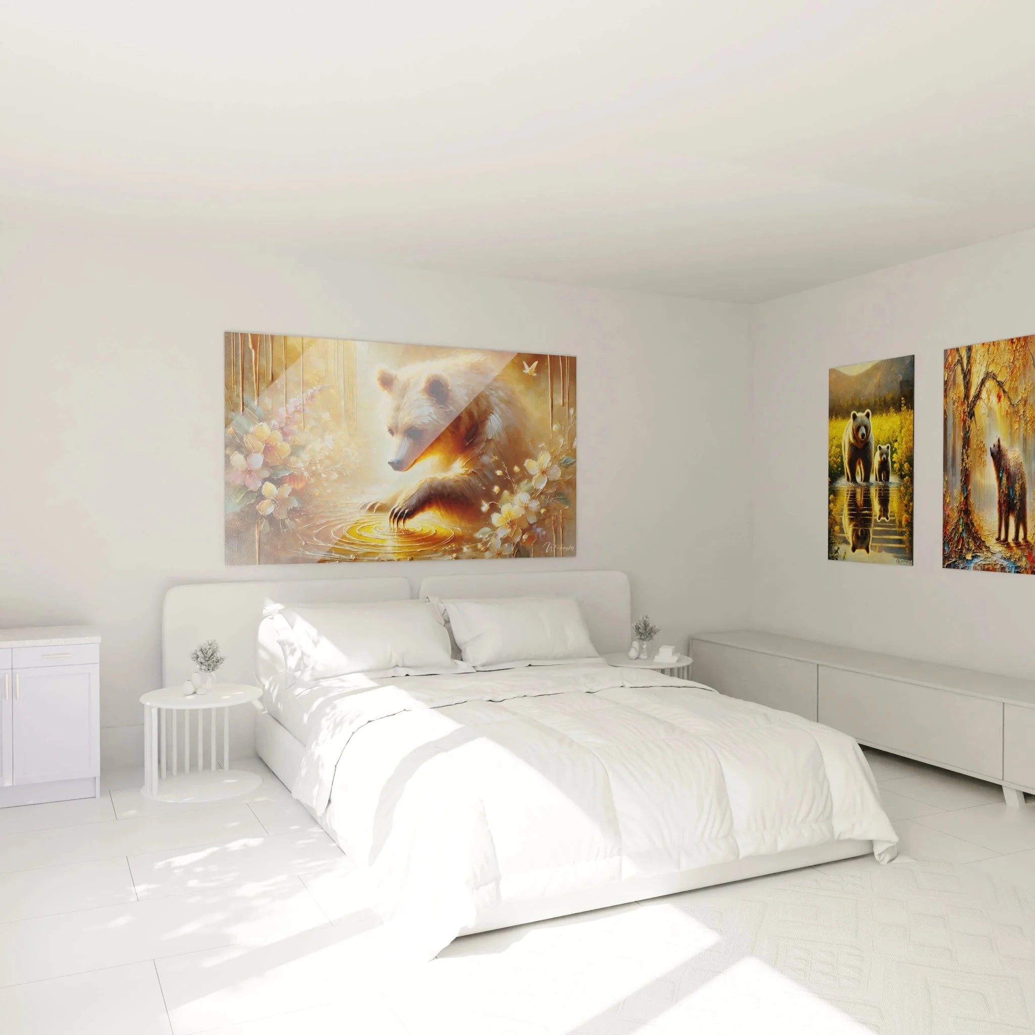 Braunbär Wandbild im Schlafzimmer - goldener Bär am Teich mit Blüten als beruhigende Wanddekoration