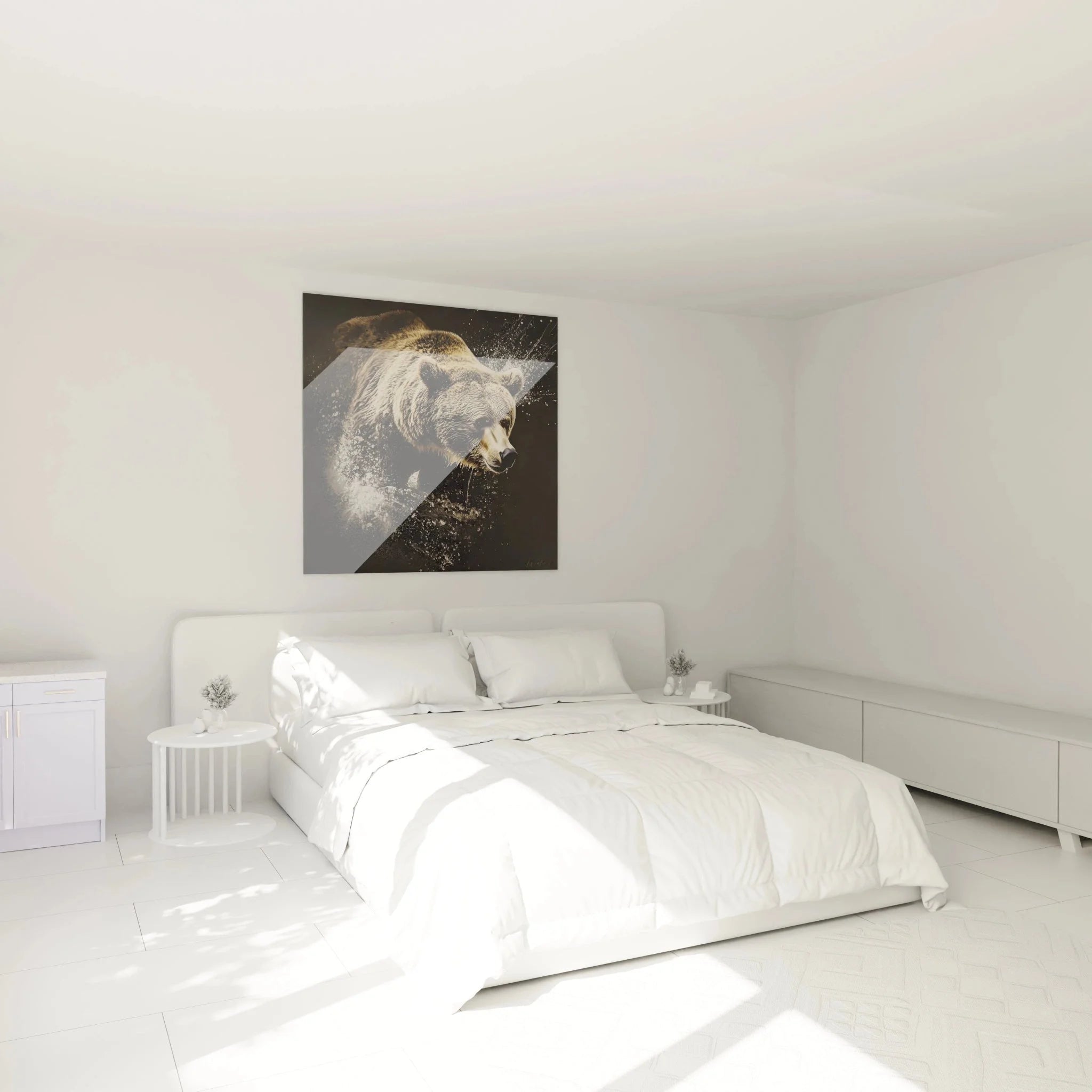 Braunbär Wandbild in modernem Schlafzimmer, Tierwandkunst als Raumdekoration