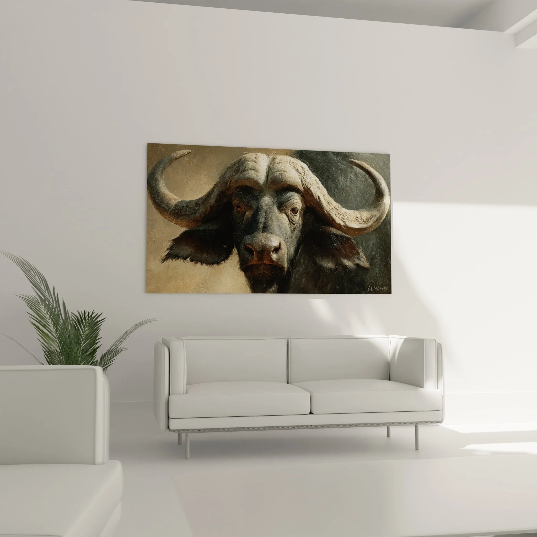 Detailansicht Büffel Kopf Wandbild mit realistischer Darstellung von Fell und Hörnern