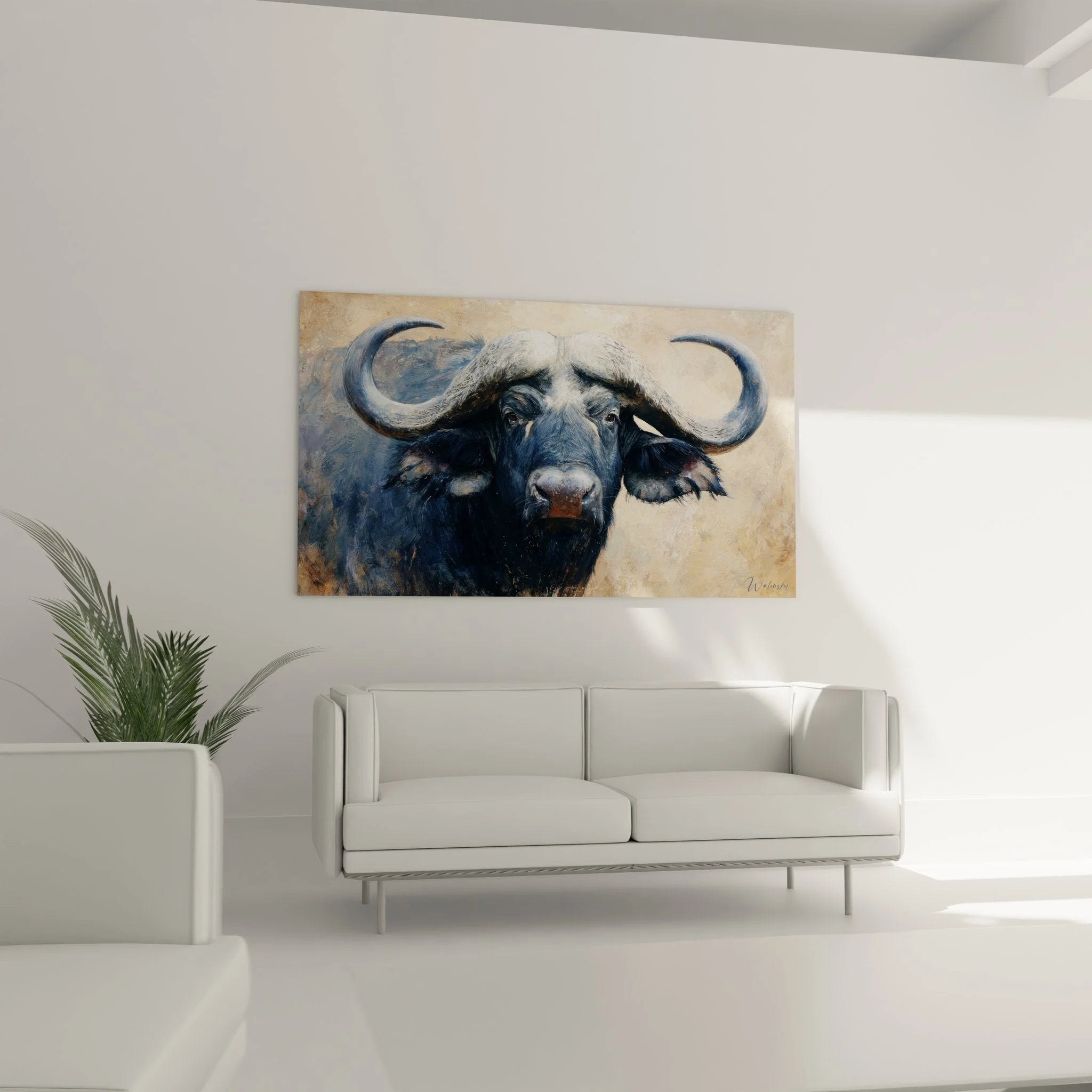 Detailaufnahme Büffel Gemälde - Realistische Darstellung der Augen und Hornstruktur des Wasserbüffels