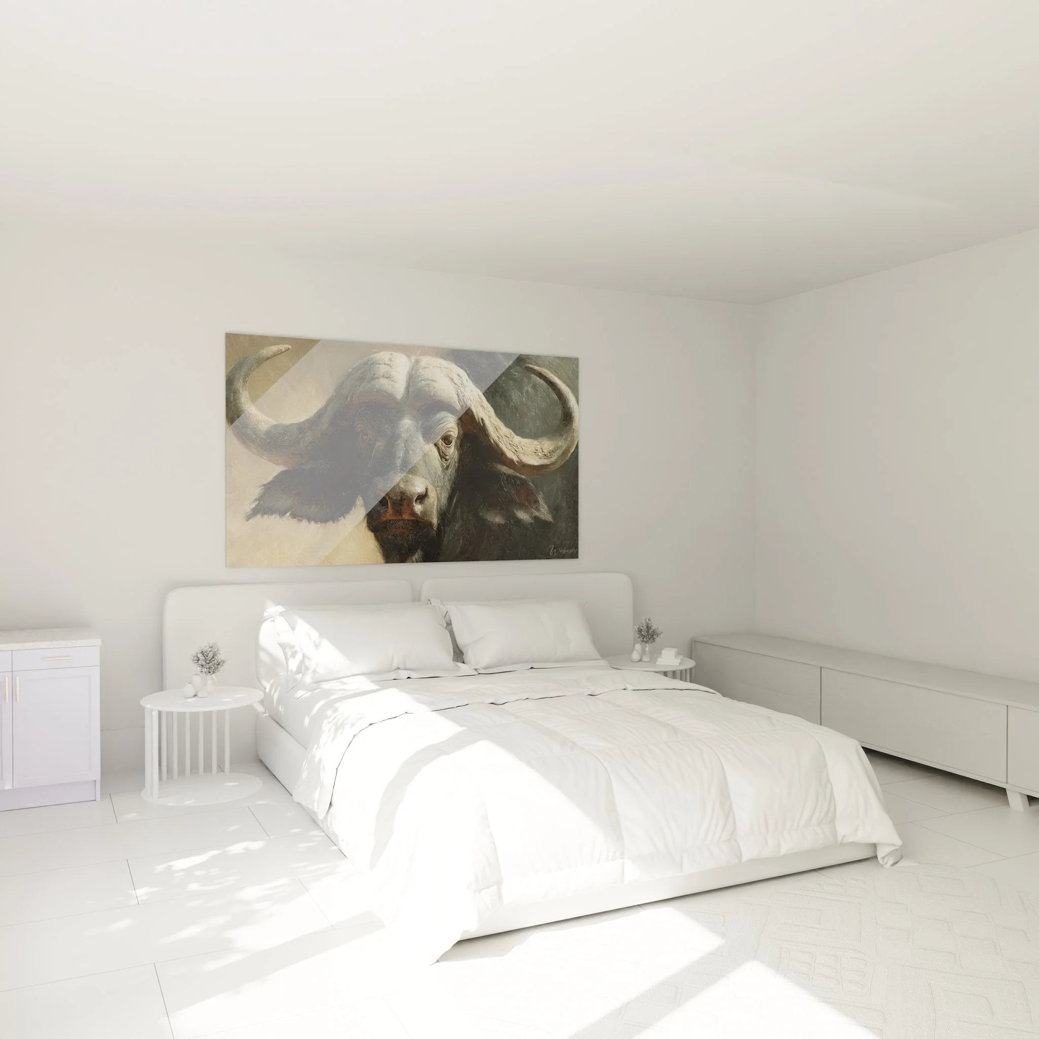 Büffel Wandbild XXL im Schlafzimmer als moderne Wanddekoration mit kraftvollem Büffelportrait