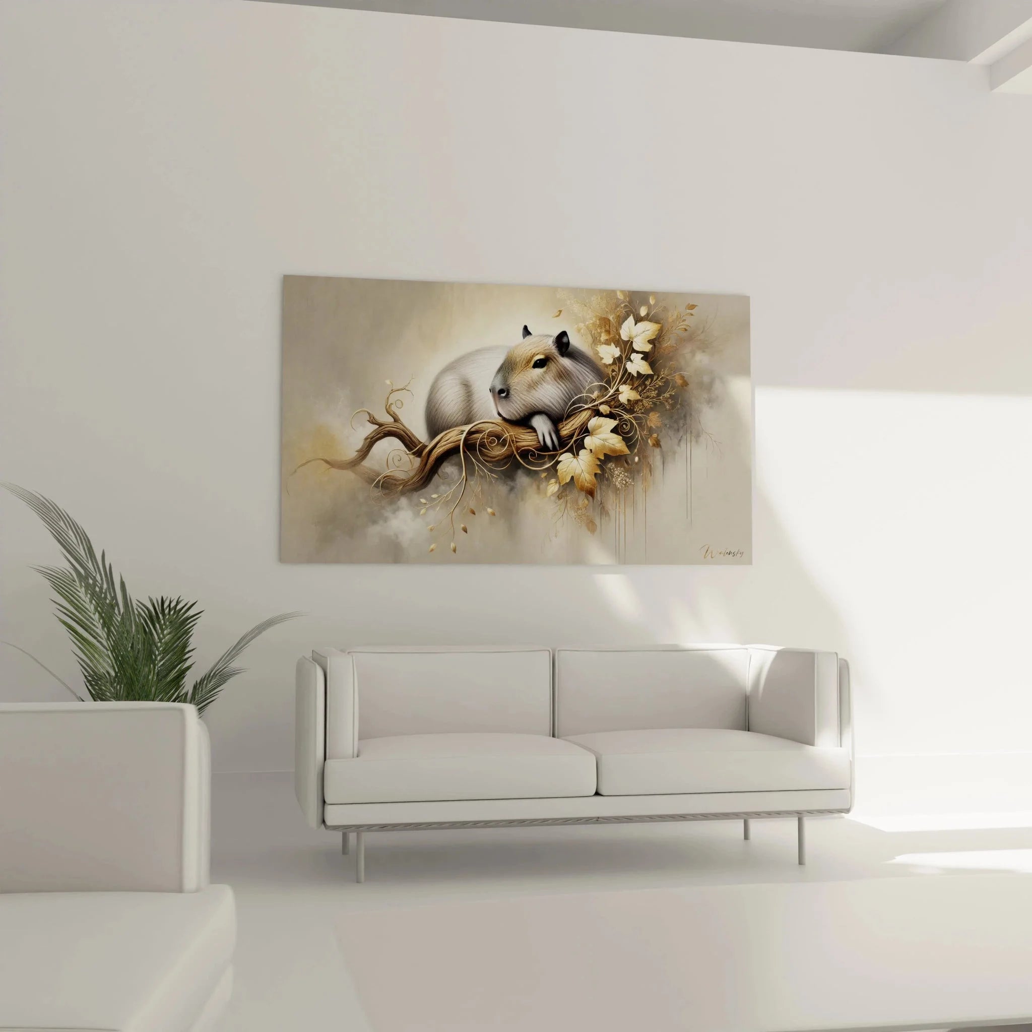 Detailansicht des Capybara Kunstdrucks mit filigranen goldenen Blüten und Ranken