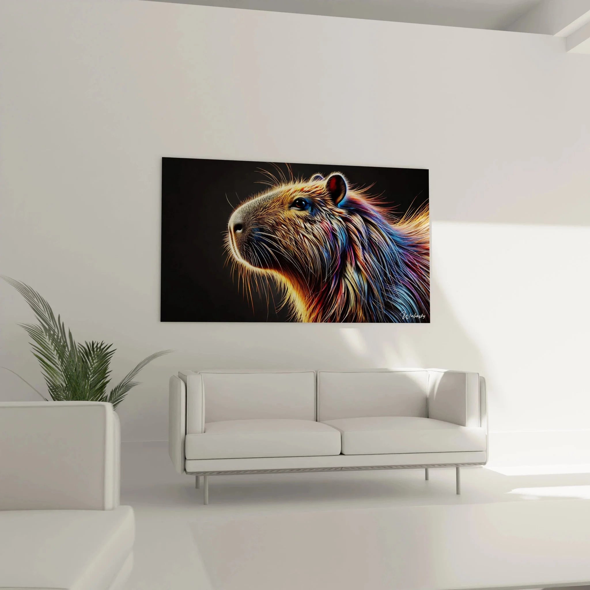 Detailansicht Capybara Wandkunst zeigt realistische Fellstruktur in Gold, Blau und Violett mit leuchtenden Tasthaaren