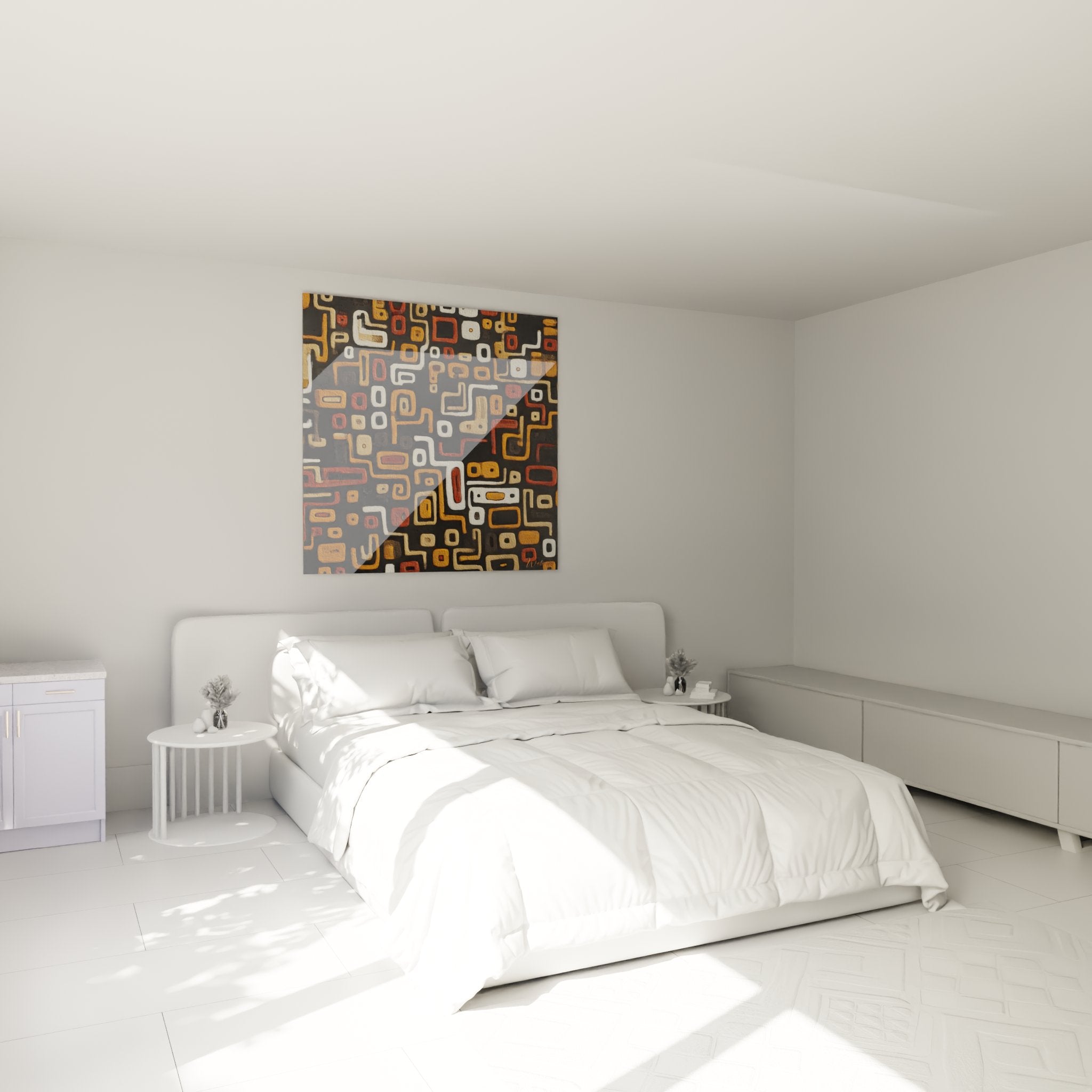 Schlafzimmer Ambiente mit abstraktem afrikanischen Geometrie-Wandbild in warmen Erdtönen über dem Bett