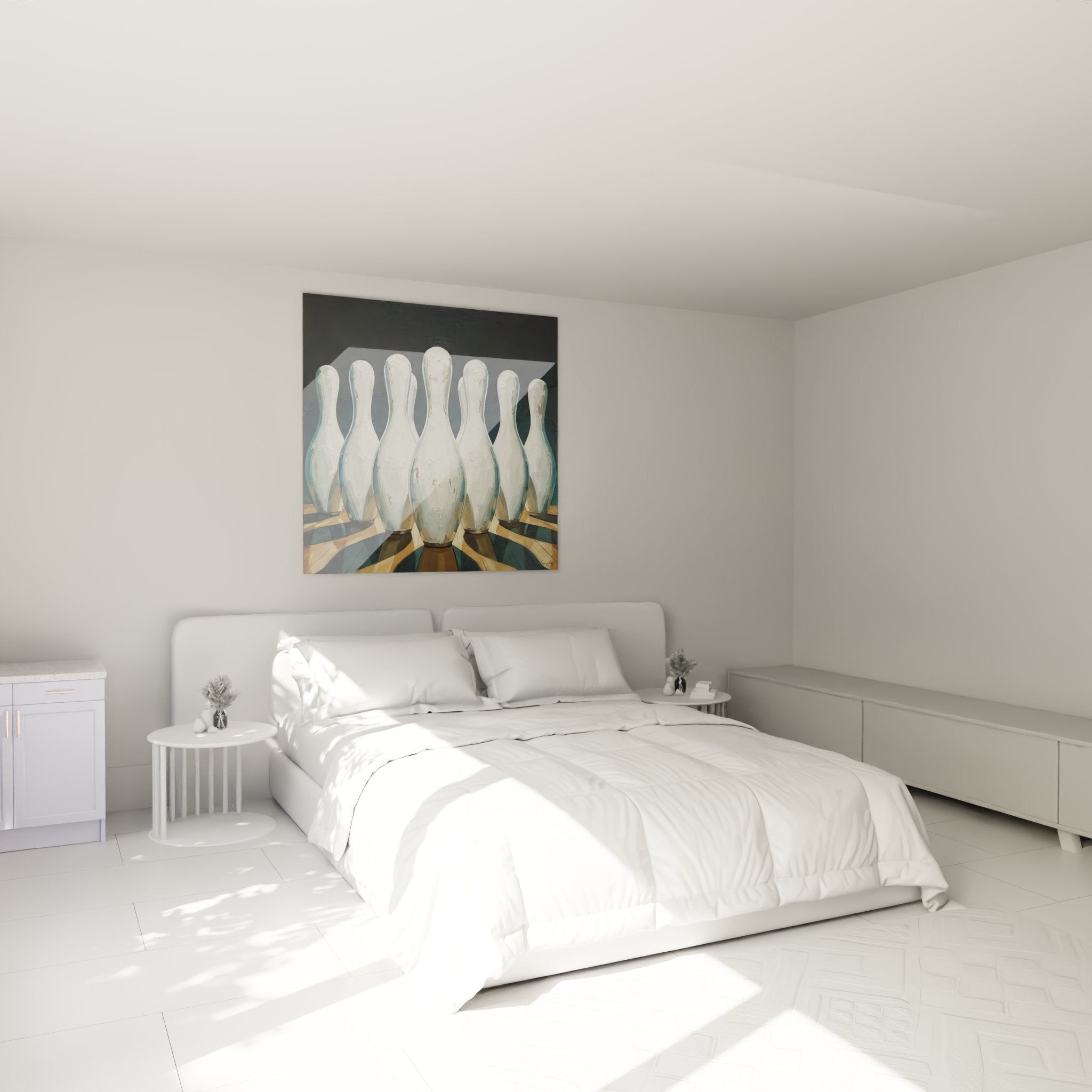 Bowling Kegel Wandbild als stilvolle Dekoration im modernen Schlafzimmer mit warmer Beleuchtung